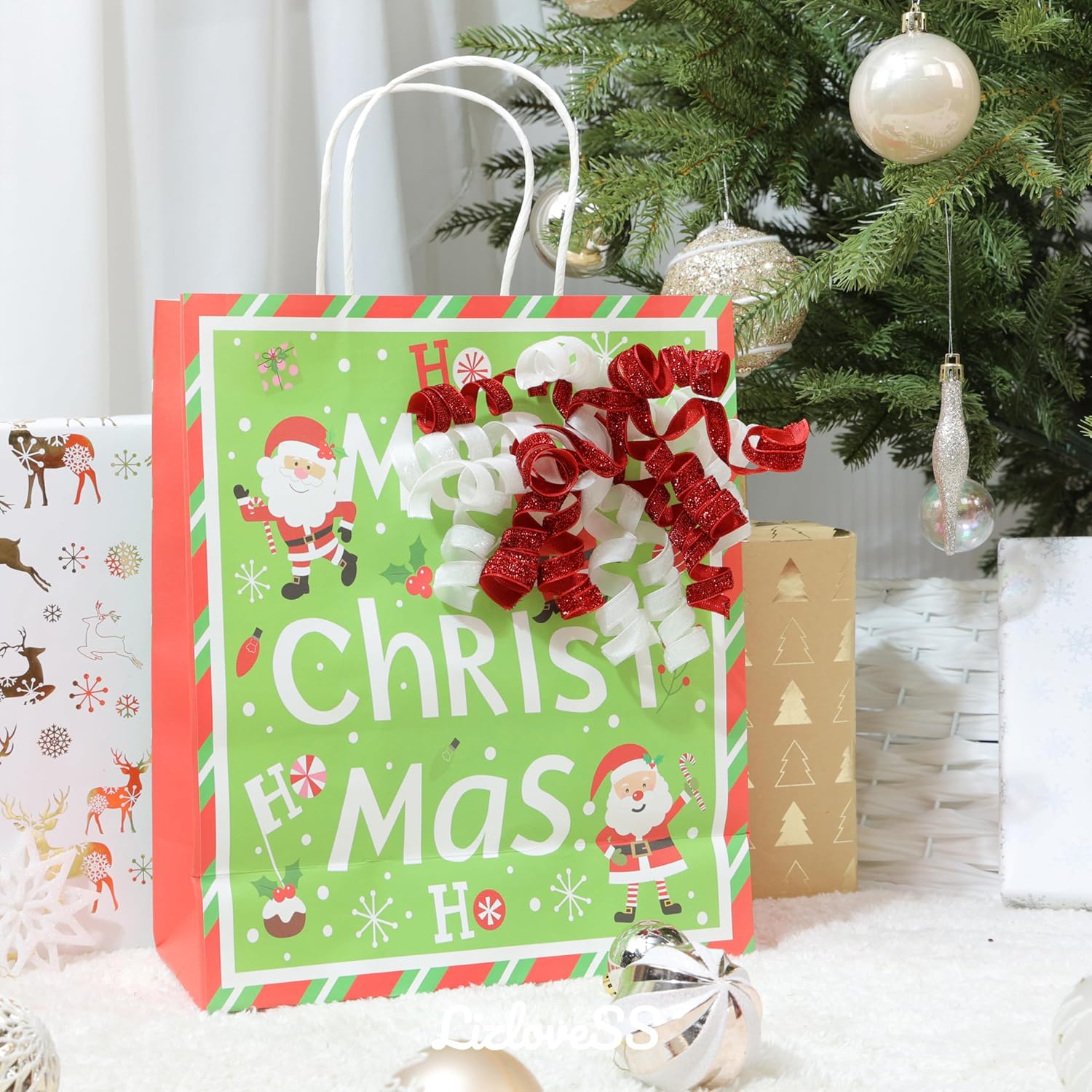 6" Metallic Glitter Red and White Self Adhesive Curly Ribbon Gift Wrap Bows for Christmas, Holiday, Birthday, Wedding, Presents, Party Favors Decorations 6-Count - Image 5