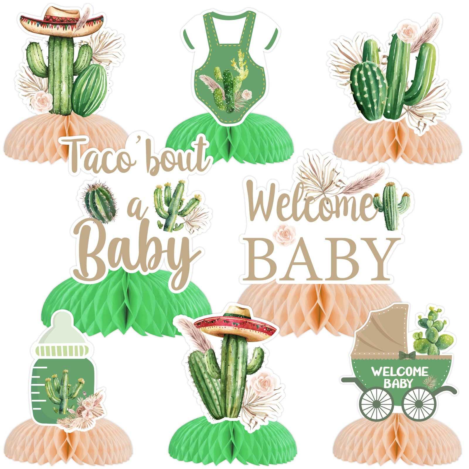 JOYMEMO 8Pcs Cactus Baby Shower Honeycomb Centerpieces, Mexican Fiesta Succulent Table Centerpieces Taco Bout A Baby Decor