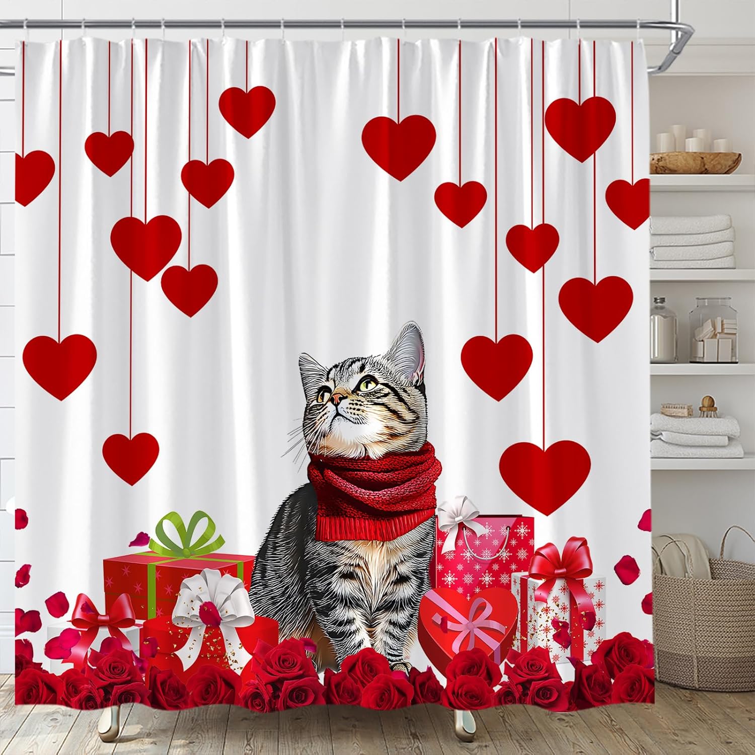 AMFD Valentine's Day Shower Curtain Cute Cat Romantic Red Heart Rose Love Couple Woman Girl Creative Bathroom Curtains Decor Fabric Set Include Hooks,(70" Wx84 H)