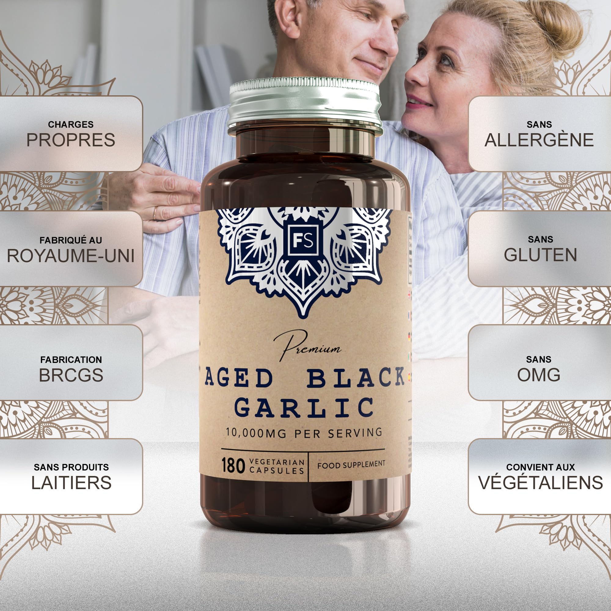 FS Ail Noir Vieilli | 180 Capsules d'ail Noir Inodore Haute Résistance - 10,000mg D'extrait D'ail par Capsule | Sans OGM, Sans Gluten et Sans Allergène | Fabriqué au Royaume-Uni