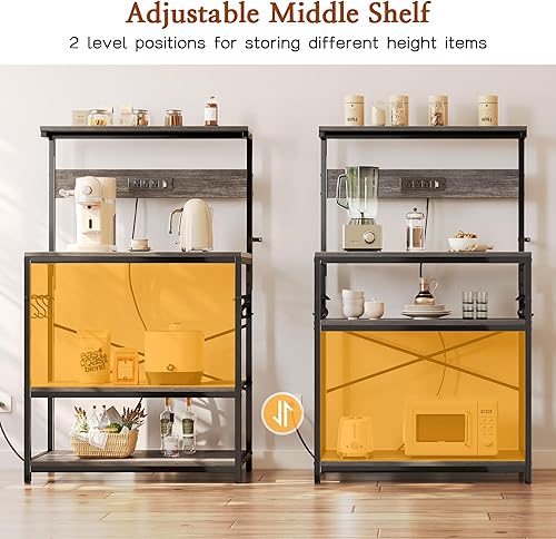 Miniatura 41 de SUPERJARE - Estante de cocina con toma de corriente de 4 niveles, soporte de microondas de cocina con 6 ganchos en forma de S, estante de Marrón