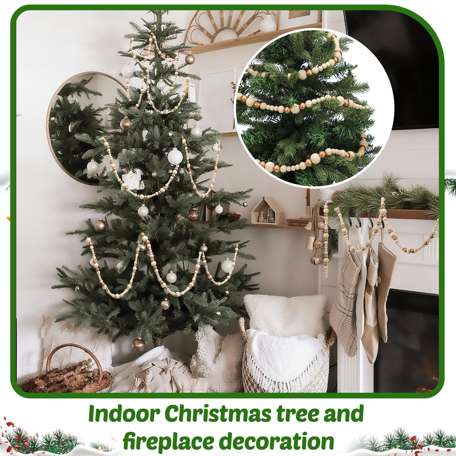 Briwooody Guirnalda de cuentas de madera de Navidad de 27 pies de largo, 3 piezas de guirnalda de árbol de Navidad de madera de 9 pies, guirnaldas de cuentas vintage para Navidad, boda, vacaciones