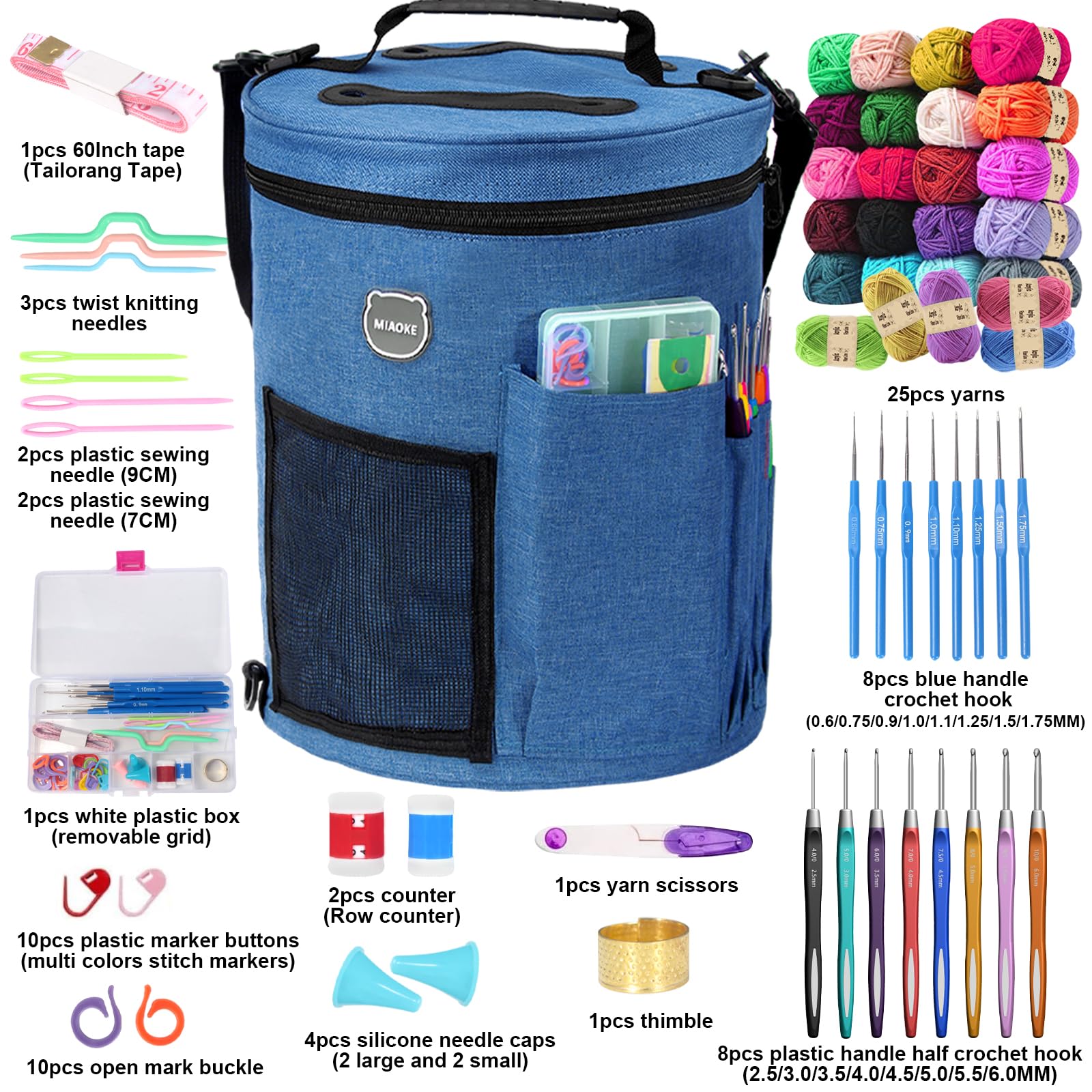 MIAOKE Crochet Kit, Crochet Kit for Beginners, 25 Crochet Yarn and 16 Different Sizes Crochet Hooks Set for Beginners, Include Stitch Markers, Thimble, Yarn Needles in Crochet Storage Blue Bag