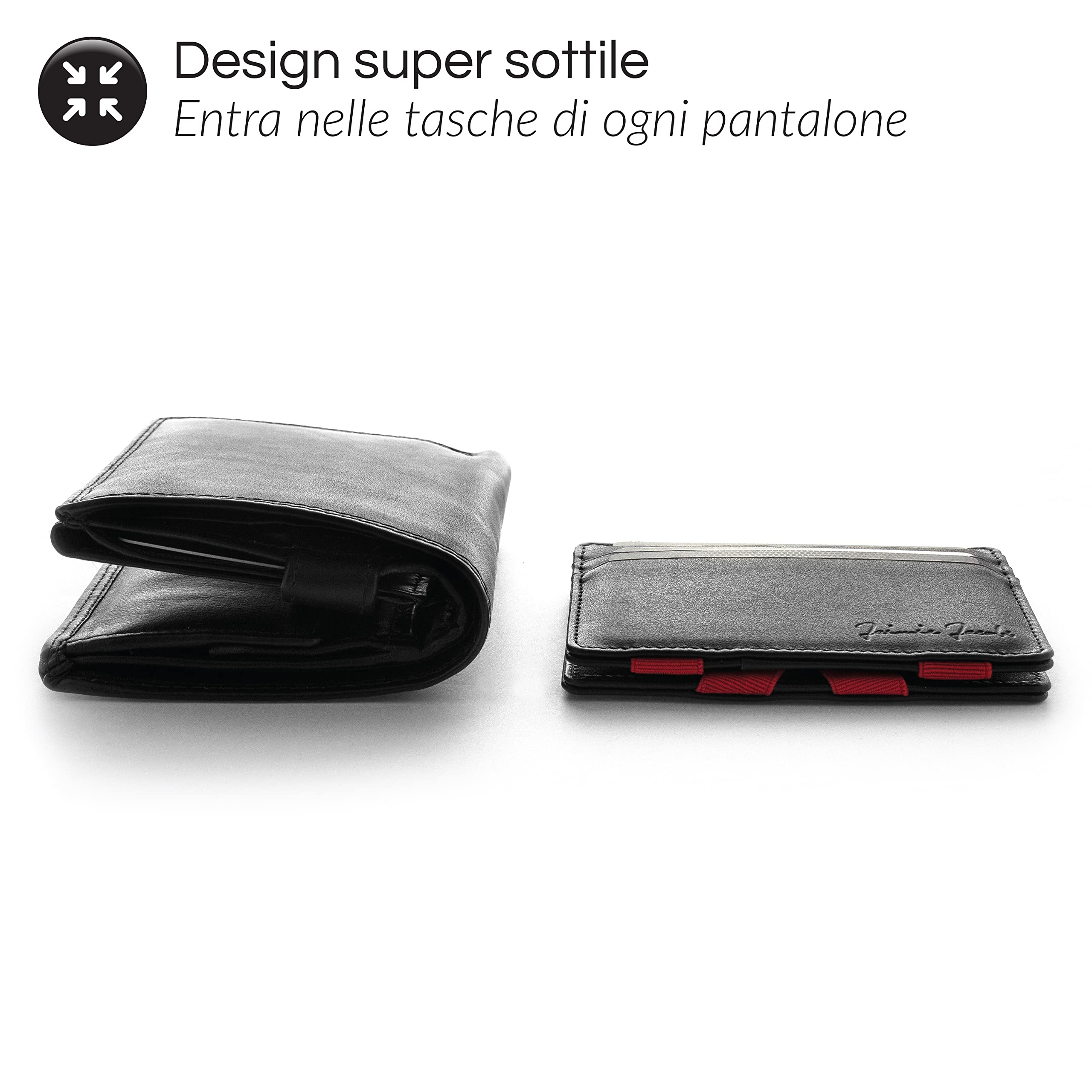 Jaimie Jacobs ® Portafoglio Magico, Magic Wallet Flap Boy Slim - l'Originale - Protezione RFID, Portafoglio Uomo Piccolo, Porta Carte di Credito Ragazzo, Porta Tessere Slim (Nero e Rosso)