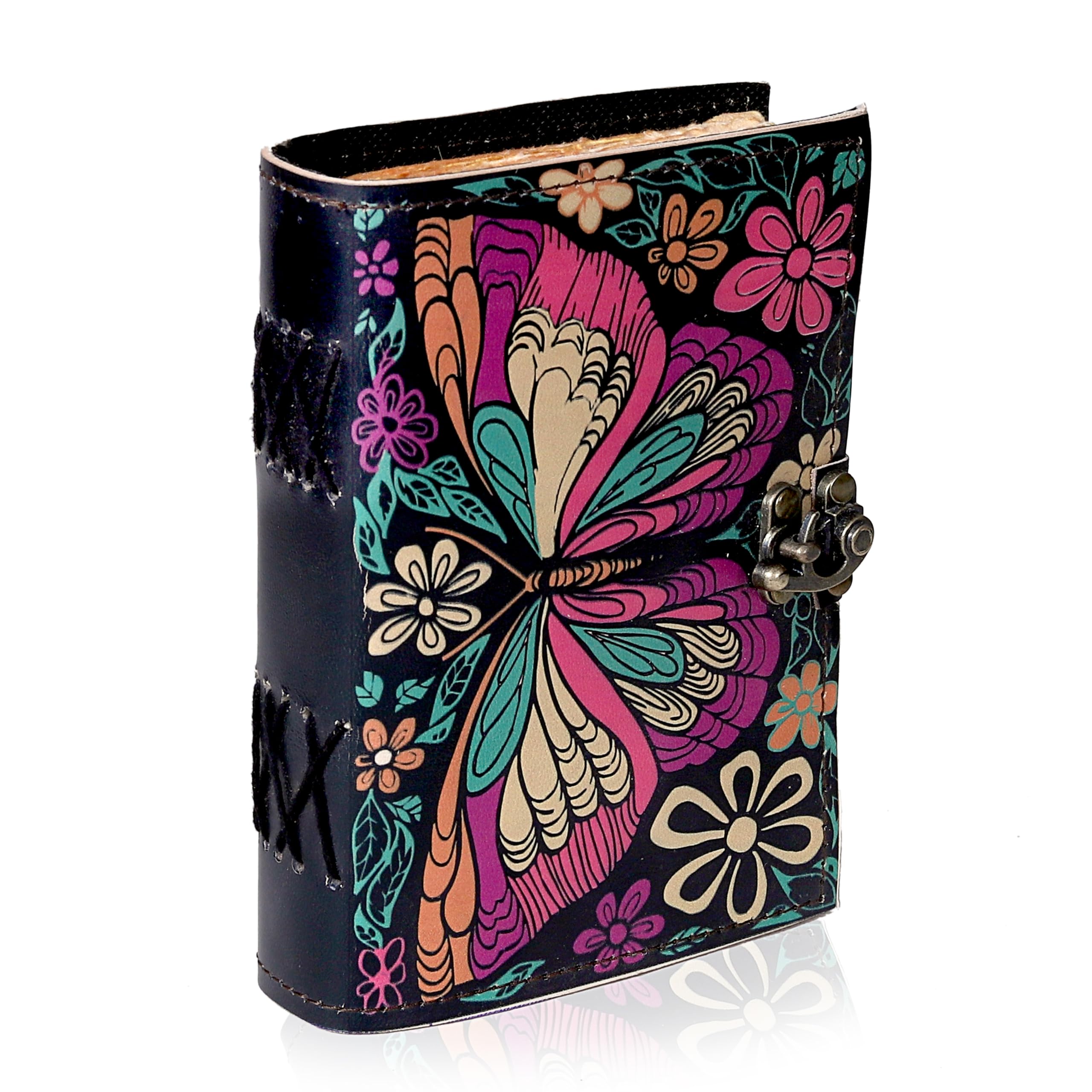 Handmade Colorful Butterfly Leather Journal Floral Printed Diary with Vintage Deckle Edge Paper Antique Writing Journal for Men and Women Travel Diary