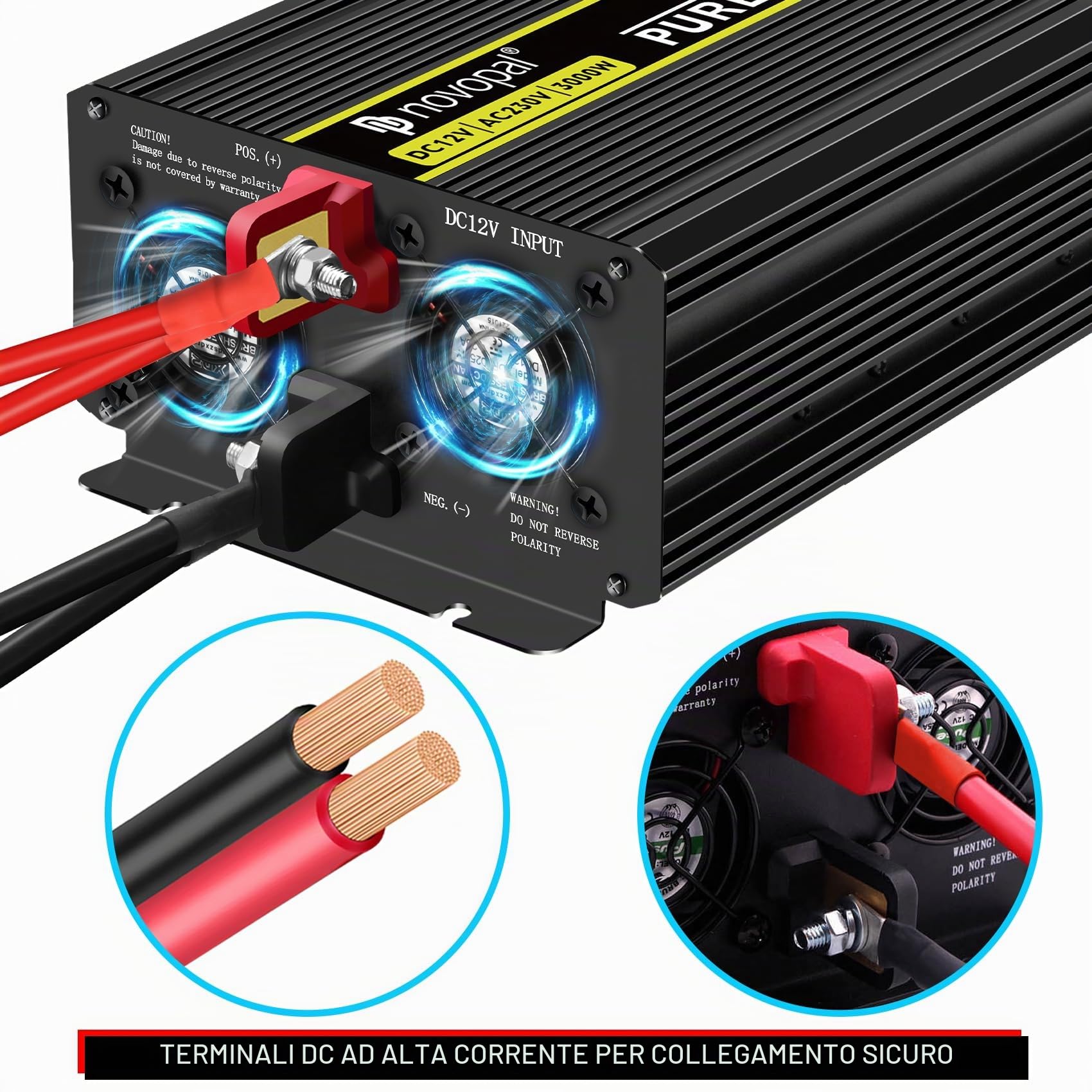 Novopal 3000W/6000W Inverter 12V 220V Onda Pura con 2 EU Presa,1 USB and 5 Metri di Telecomando,Adatto per Case, Camper, Camion, Sistemi Solari Off-Grid