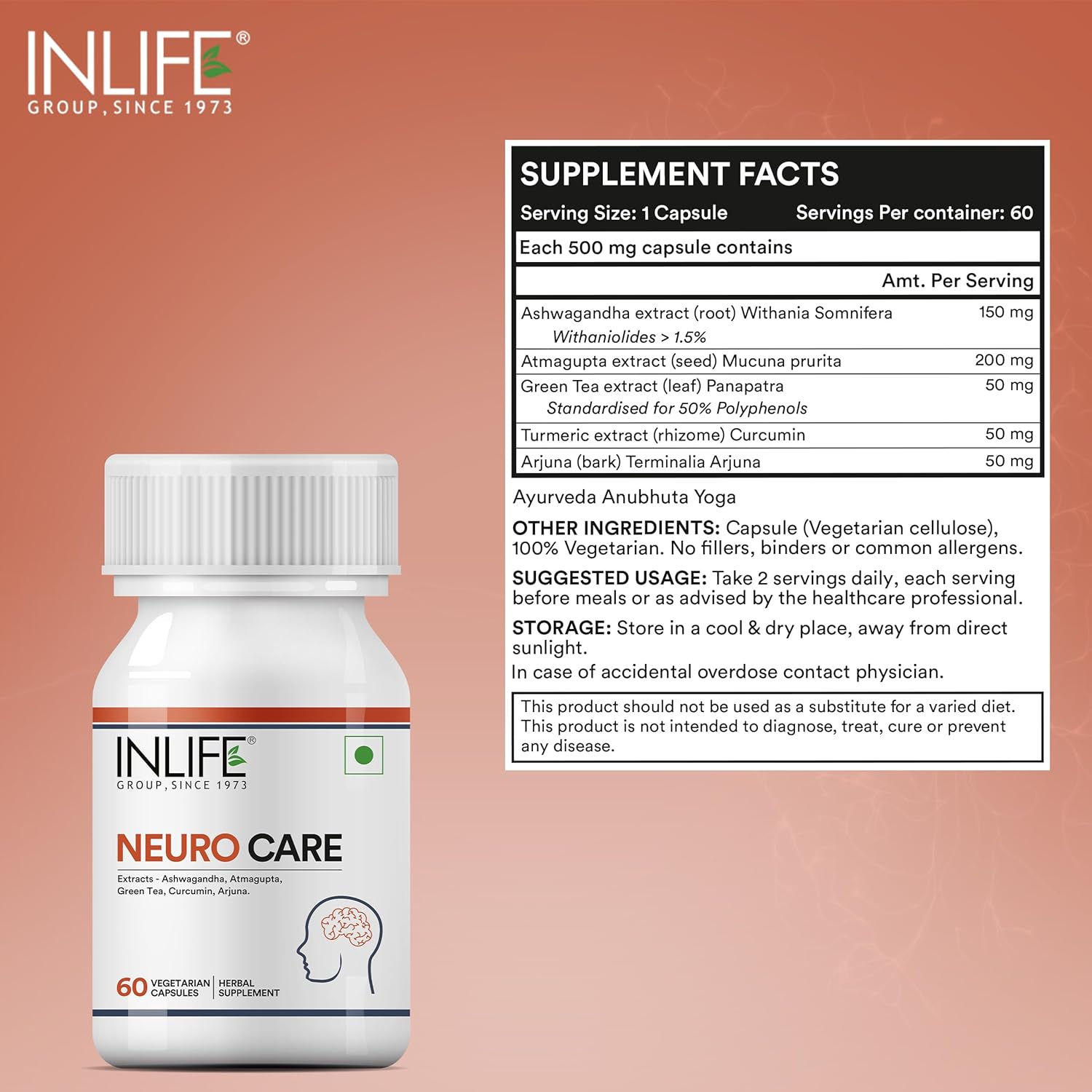 INLIFE Neuro Nerve Care Health Supplement - Ashwagandha, Green Tea, Turmeric (Curcumin), Arjuna, Atmagupta Extracts 500 mg - 60 Vegetarian Capsules (Pack of 2, 120) 2 815V2 HKP6L. SL1500