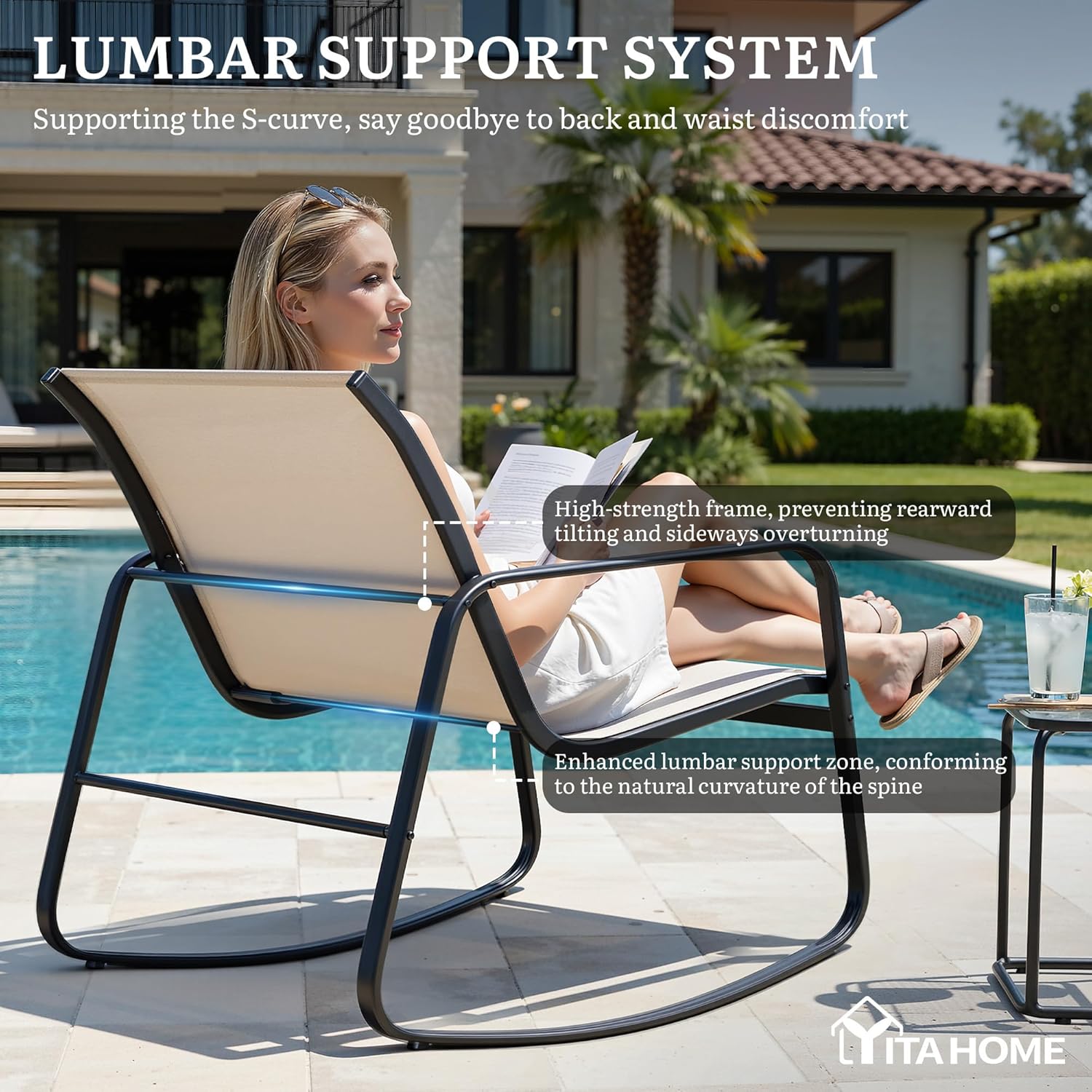 YITAHOME 3 Piece Patio Furniture Set, Small Outdoor Conversation Set with Textilene Fabric Bistro Rocking Chairs and Glass Table for Balcony Backyard Lawn Porch Garden Poolside (Brown)