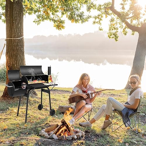 Miniatura 6 de VINGLI Parrilla de carbón de barril con ahumador desplazado, parrilla grande para ahumar al aire libre con ruedas para fiesta, jardín, patio y patio