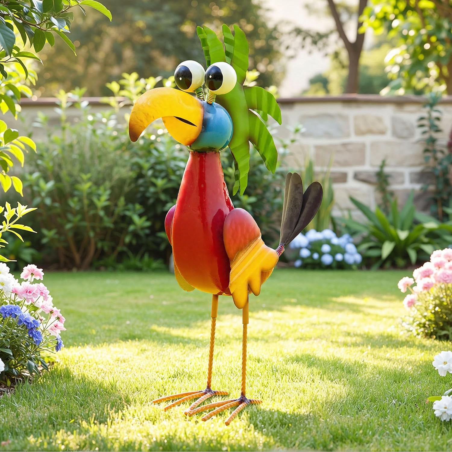 19.7" Unique Cartoon Tiki Bird Decor, Handcrafted Large Parrot Sculpture with Ground Stake, Weatherproof Metal Yard Art for Patio, Lawn, Balcony or Indoor Home Decor, Ideal for Parties & Gifts