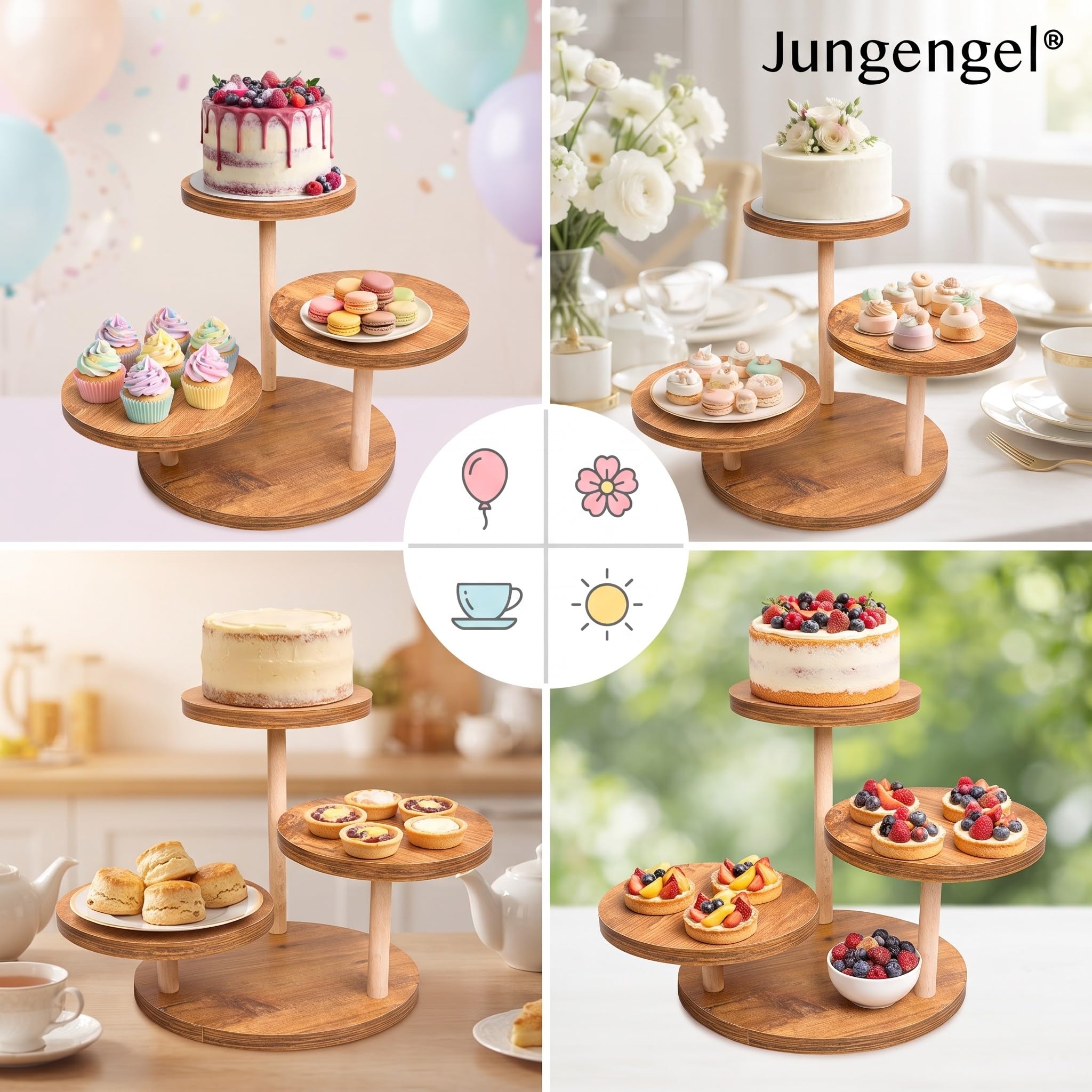 Présentoir à Gâteau 3 Niveaux en Bois Ø 22 cm stable | Support cupcakes, fruits & buffet apéritif. Montage sans outils, 3 niveaux décalés - idéal aussi en cadeau.