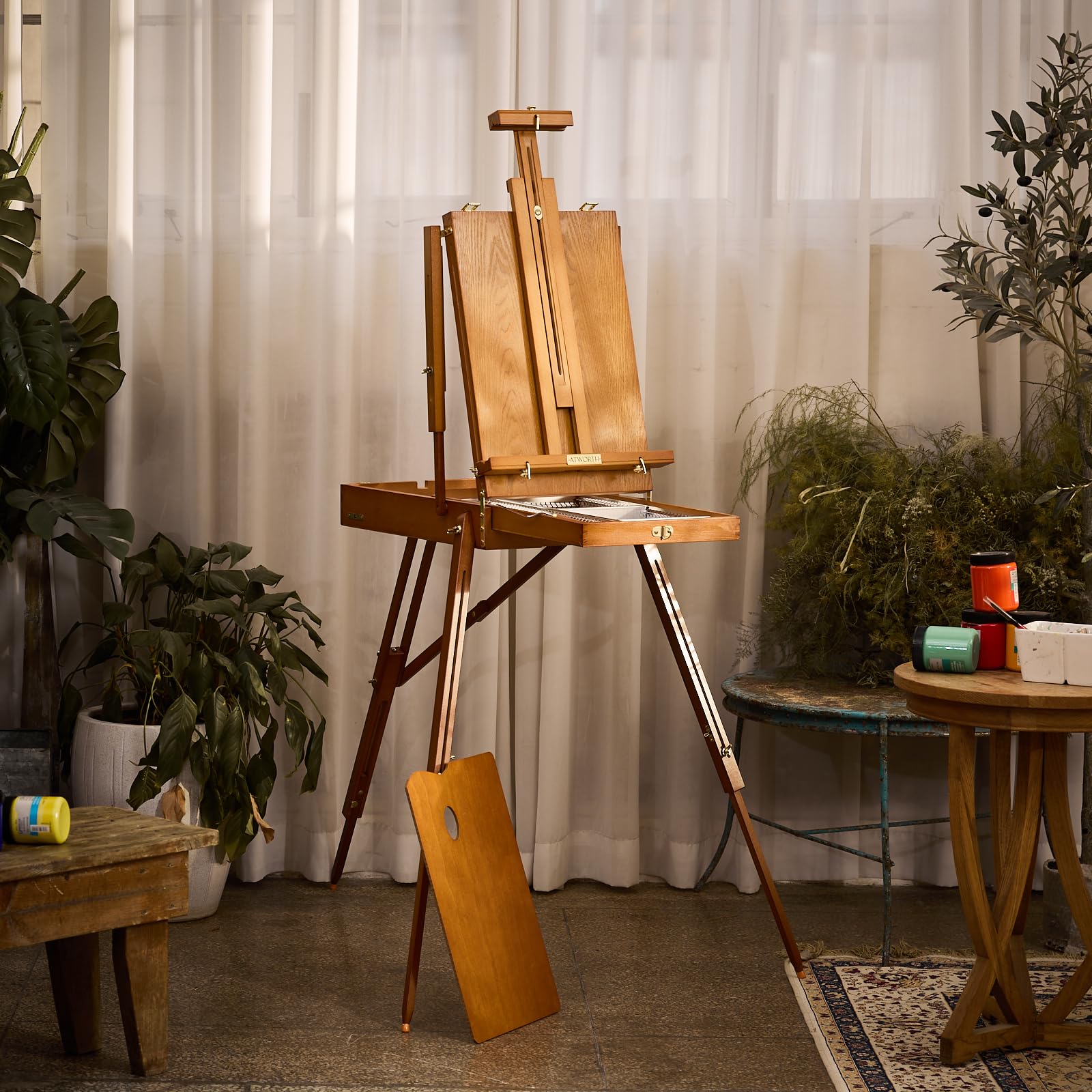Staffelei Holz Groß, Französische Kofferstaffelei Studio-Skizzenbox aus Buchenholz, Tragbare Kunststaffelei mit Schublade für Künstler, Hält Leinwand bis zu 86,4cm, Leichtes Walnuss