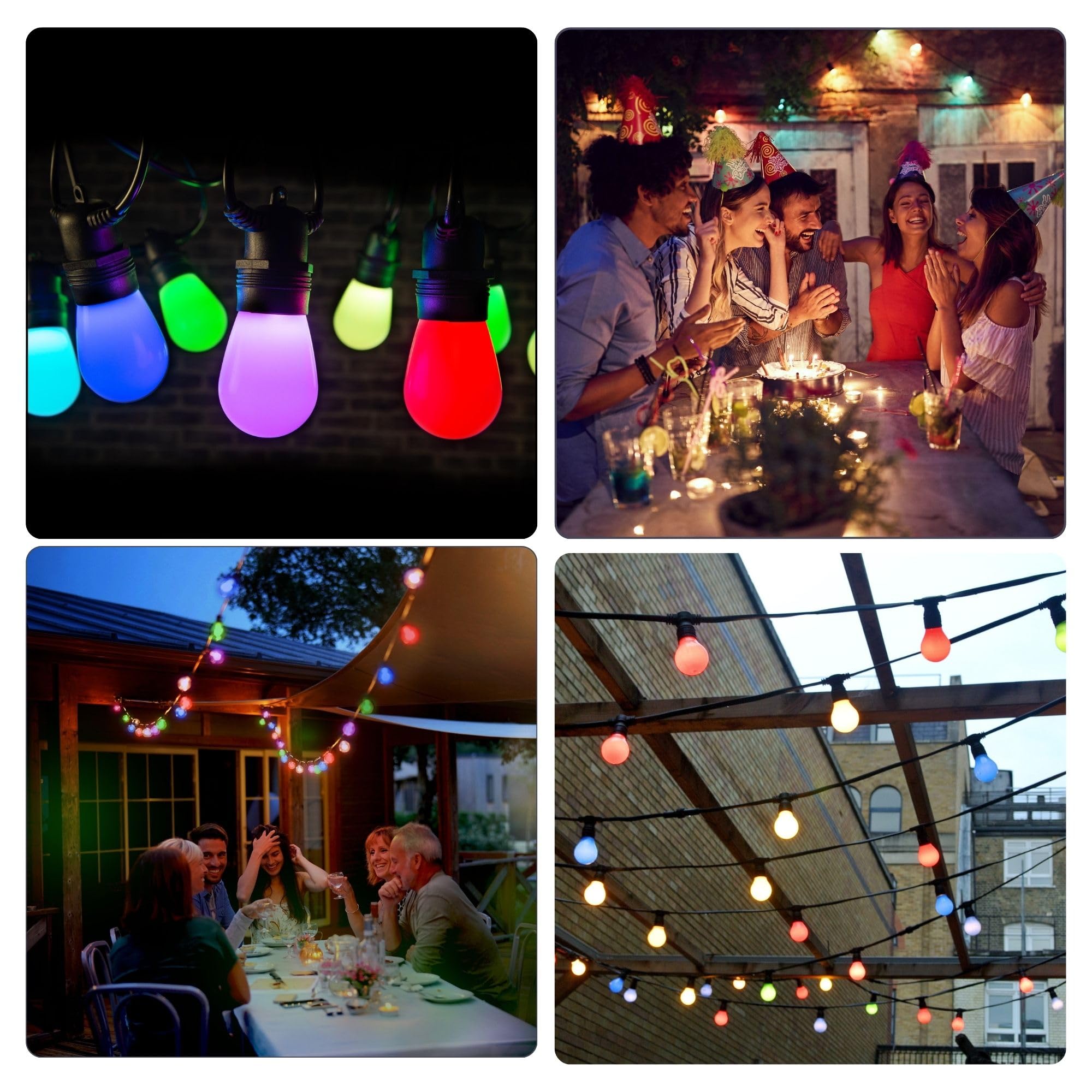 Lichterkette außen bunt, LED Lichterkette smart Outdoor, Lichterkette aussen smart home, RGBW Glühbirnen, Lichterkette mit App-Steuerung Tuya und Musiksynchronisation, 15 m