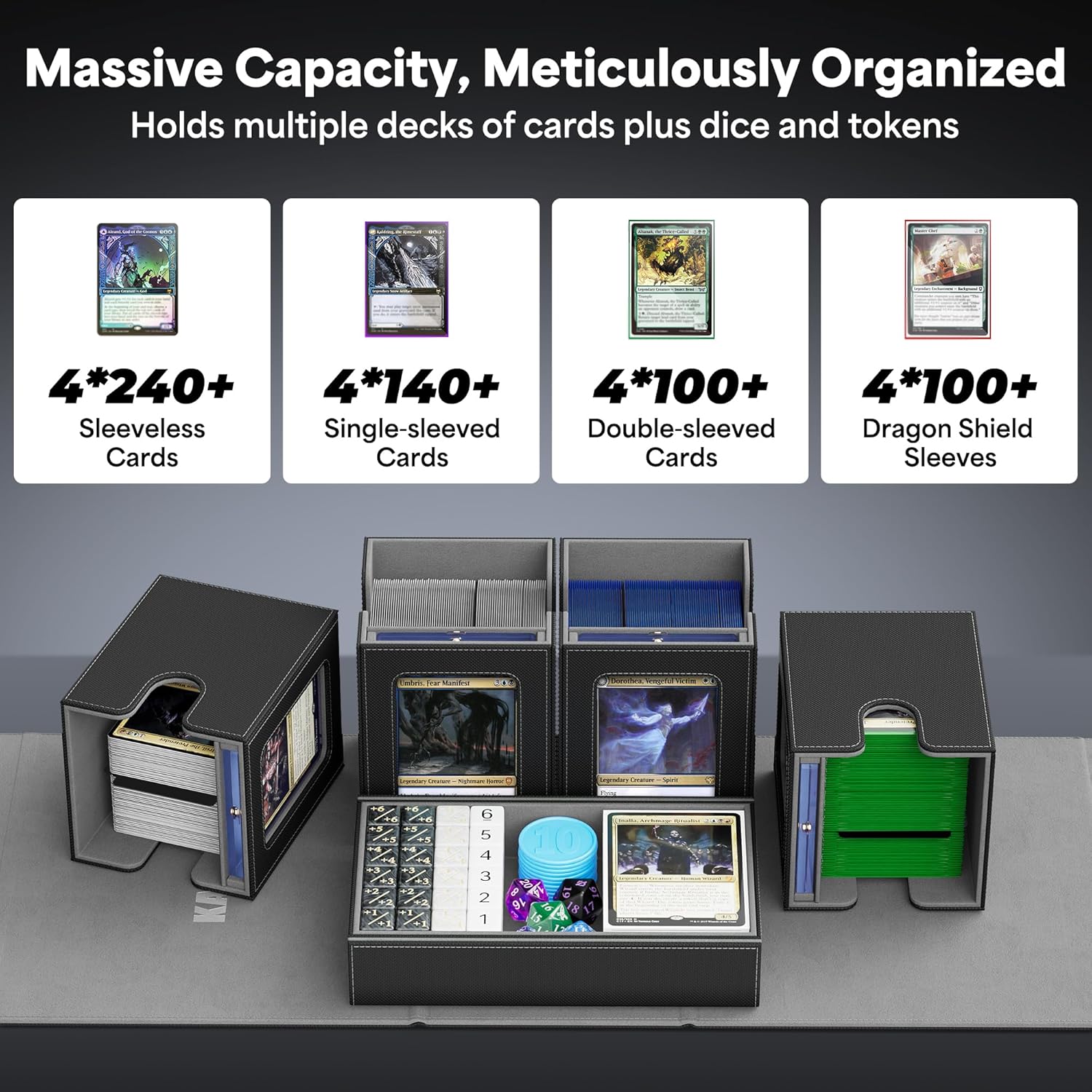 Kabinka Commander Deck Box for MTG with Handle, Multi Deck Case with Large Dice Tray Fits 400+ Double-Sleeved Cards, 5 IN 1 TCG Card Storage Box with Commander Display, 35PT Card Holders (Black)