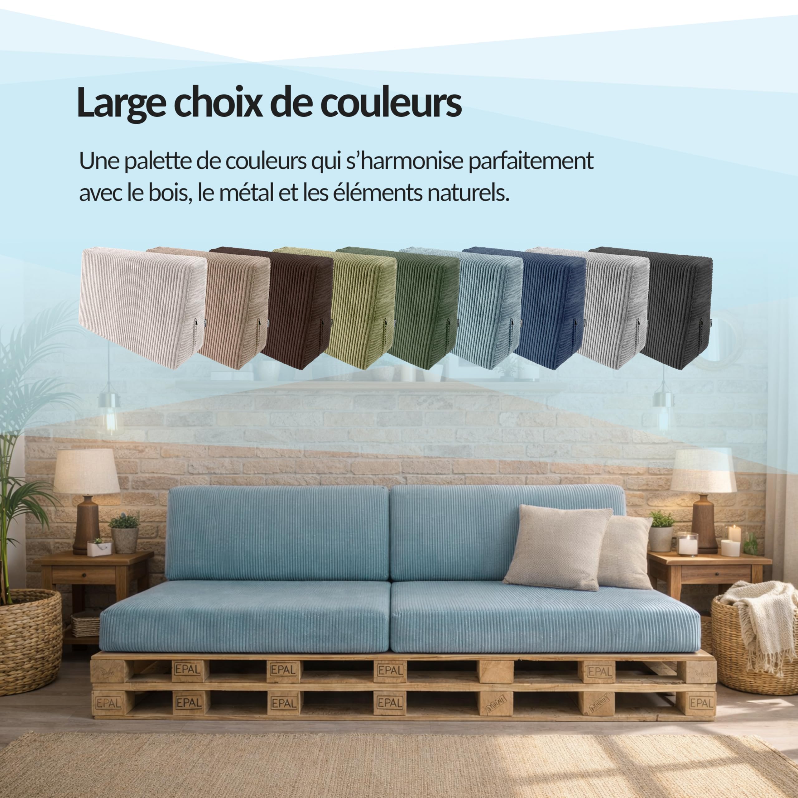 POKAR Set de 2 Coussins pour Palette 1x Assise 120x80 + 1x Dossier 120x40 | Coussins pour Canapé de Jardin en Velours Côtelé | Housses Amovibles | Made in EU | Certifié Oeko-Tex | Ivoire