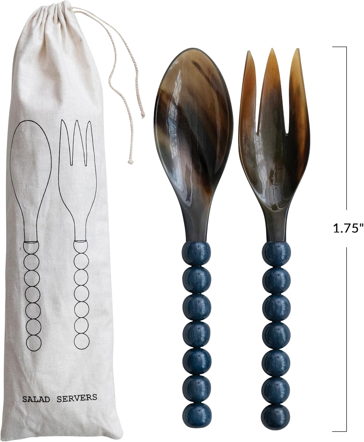 Creative Co-Op Natural Horn Salad Spoon And Fork Server with Marbled Resin Ball Handles, Blue