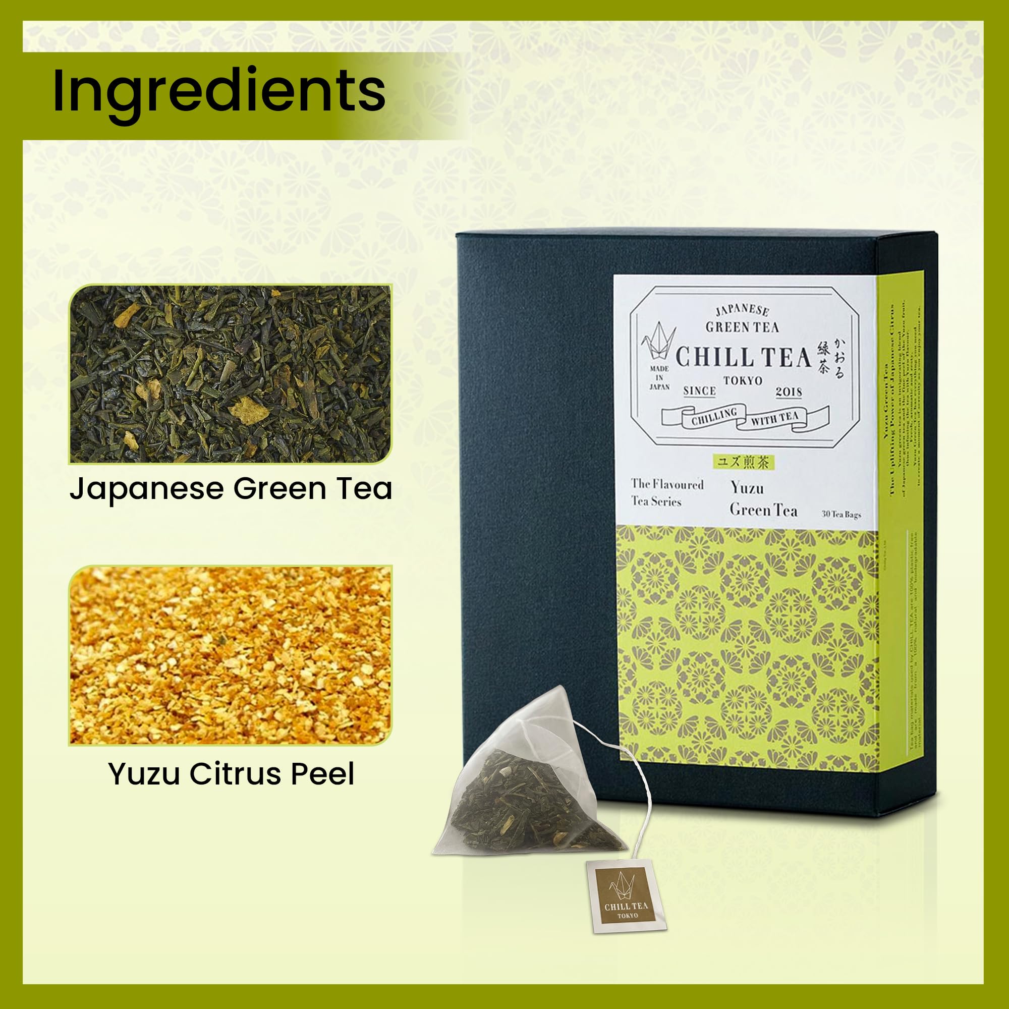 Thé vert au Yuzu de CHILL TEA Tokyo - Thé vert en feuilles 100% japonais aux agrumes japonais -100% sans plastique sachets - Saveur fruité et rafraichissante (30 sachets)