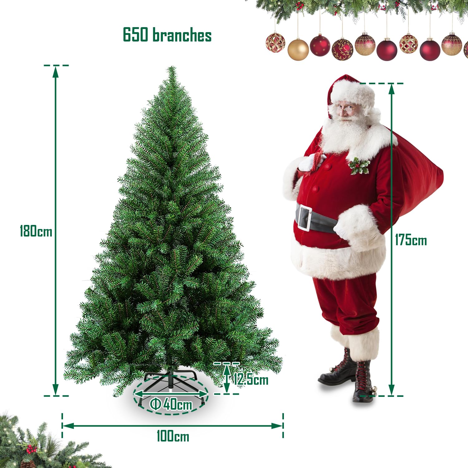Albero di Natale artificiale, 180 cm, in plastica, con 650 punte, pieghevole, resistente al fuoco, in metallo, con robusto supporto per albero di Natale, colore verde