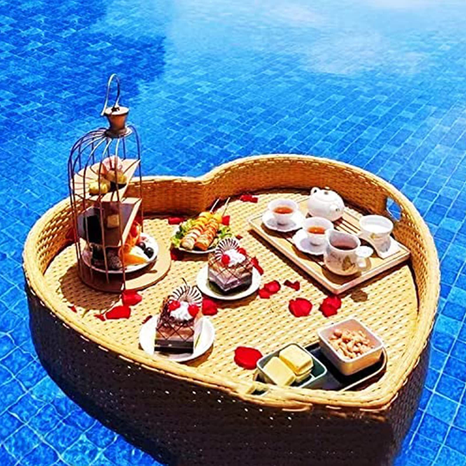Table de Petit-déjeuner Flottante en Forme de cœur, Plateau de Piscine Flottant en rotin, Plateau de Buffet Flottant, Porte-Boissons, Flotteur de Piscine pour Barres de Sable, spas, fêtes, n