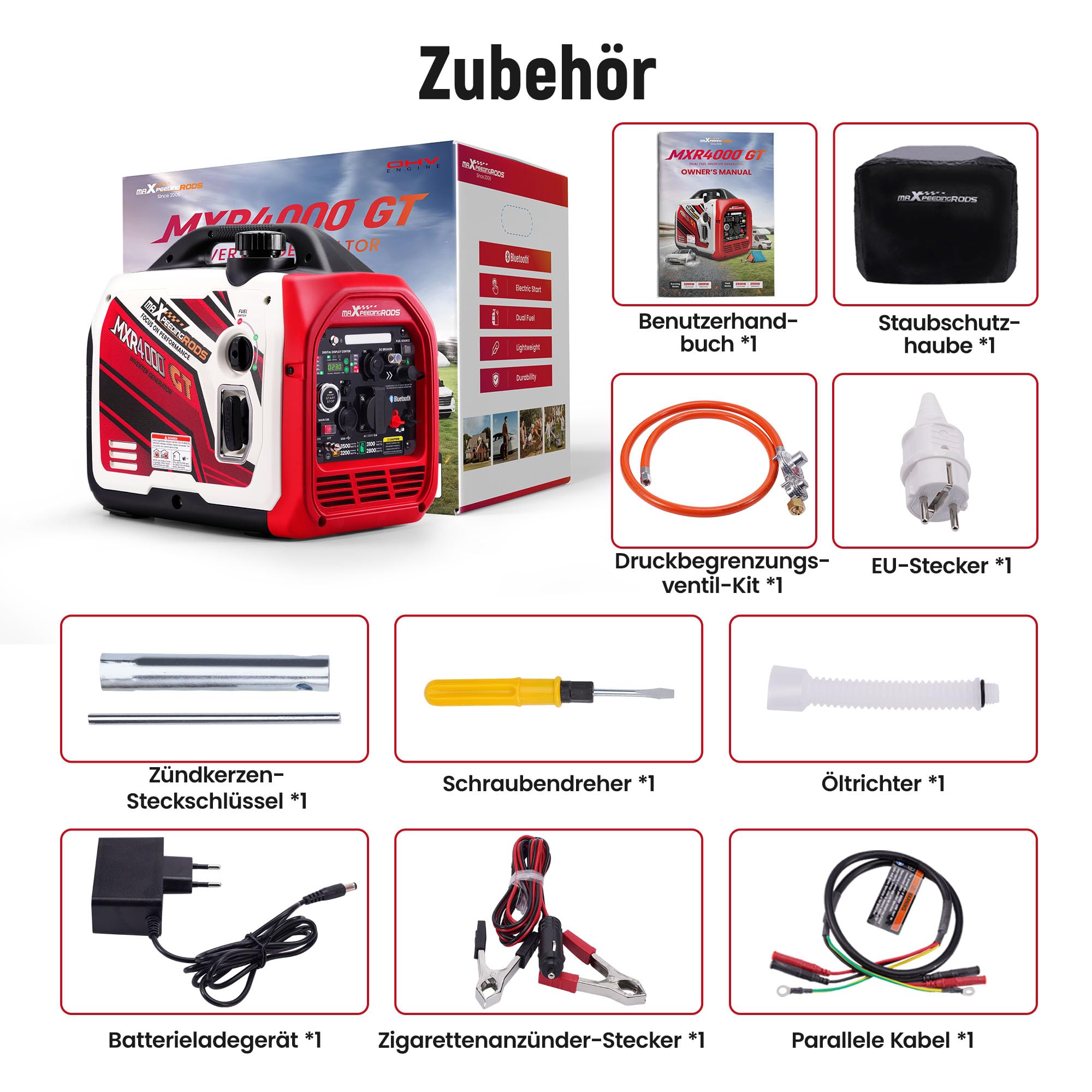 maXpeedingrods Generator prądu inwerterowego 3500W, LPG, benzynowy | cichy generator prądu z aplikacją Bluetooth®, zdalnego sterowania, generator prądu, lekki jako awaryjny agregat prądu na