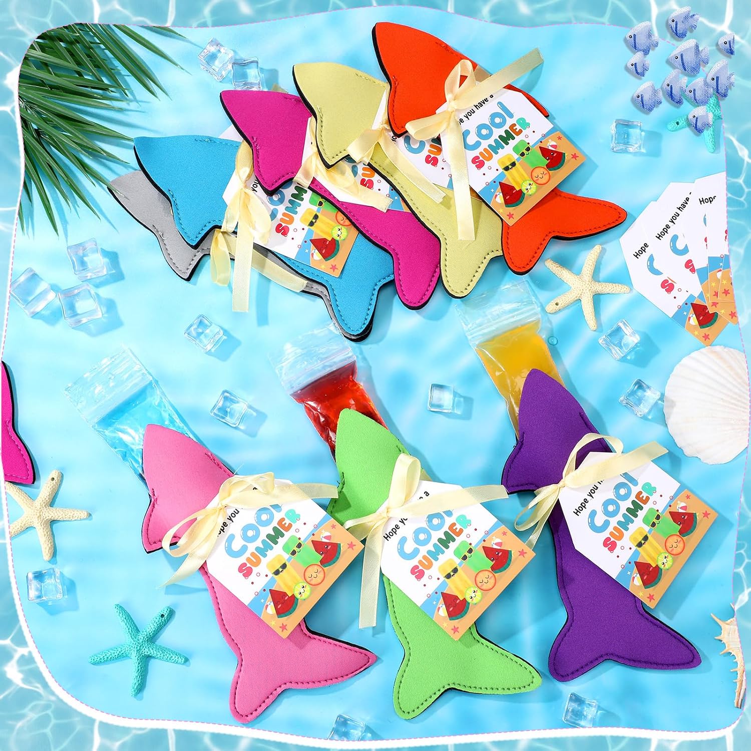 Reallnaive 24 Sets Summer Shark Ice Pop Sleeves Gift Reusable Antifreezing Freezer Ice Pop Sleeves Overs with Cards Ribbon for Summer Kids Student Classroom Prizes Birthday Party Favor
