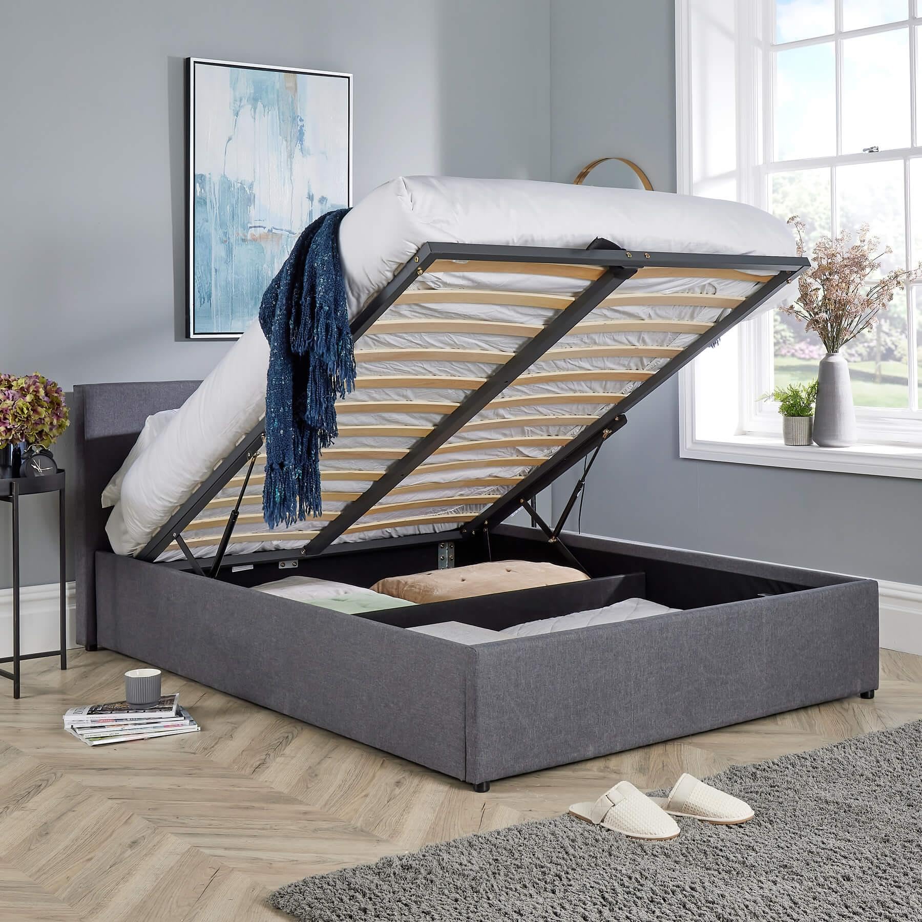 Home Source Double 4ft 6in End Gas Lift Fabric Ottoman Storage Bed, Grey