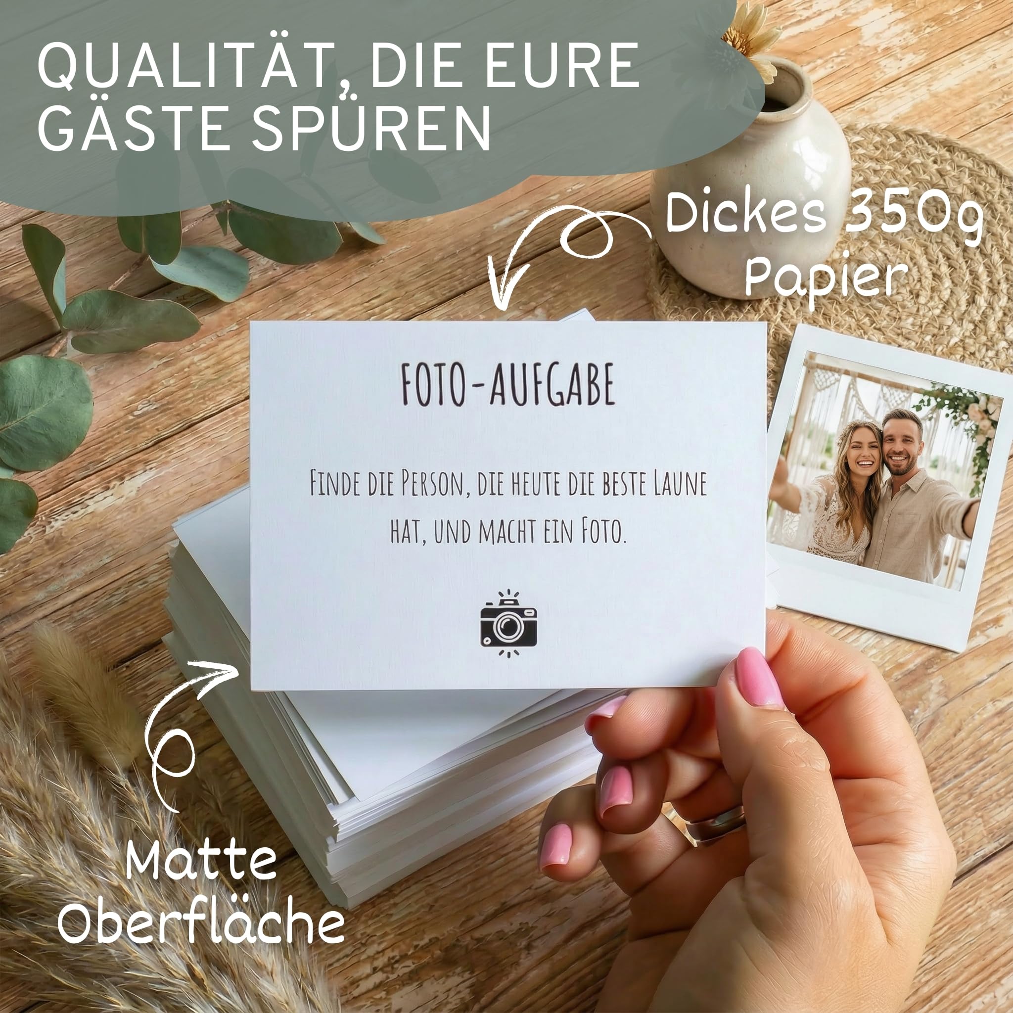 Fotoaufgaben & Gästebuch Hochzeit mit Fragen | Set für 100 Gäste | 100 Aufgabenkarten & Platz für bis zu 100 Gäste | Modernes, Schlichtes Design | Nachhaltig produziert