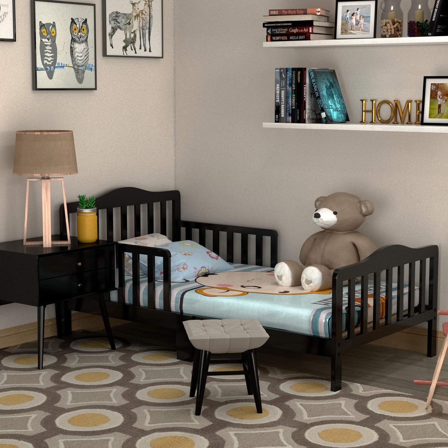 HONEY JOY Toddler Bed Frame, Solid Rubber Wood Frame w/Safety Guardrail, Fits Crib Full Size Mattress (Not Included), Children Classic Sleeping Bedroom Furniture for Kids Boys Girls (Black)