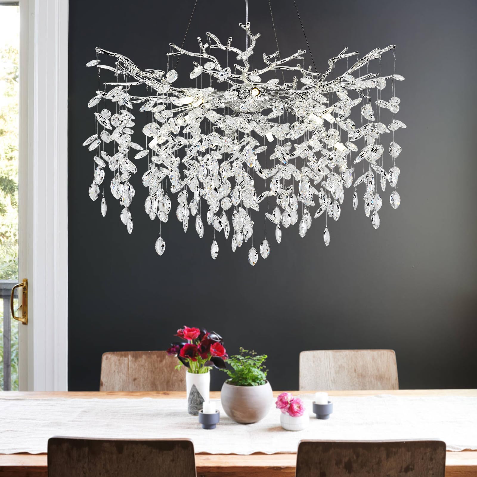 Crystal Chandeliers,31.5" Silver Modern Round Raindrop Chandelier Farmhouse Tree Branch Chandelier Industrial Adjustable Chandeliers for Dining Room,