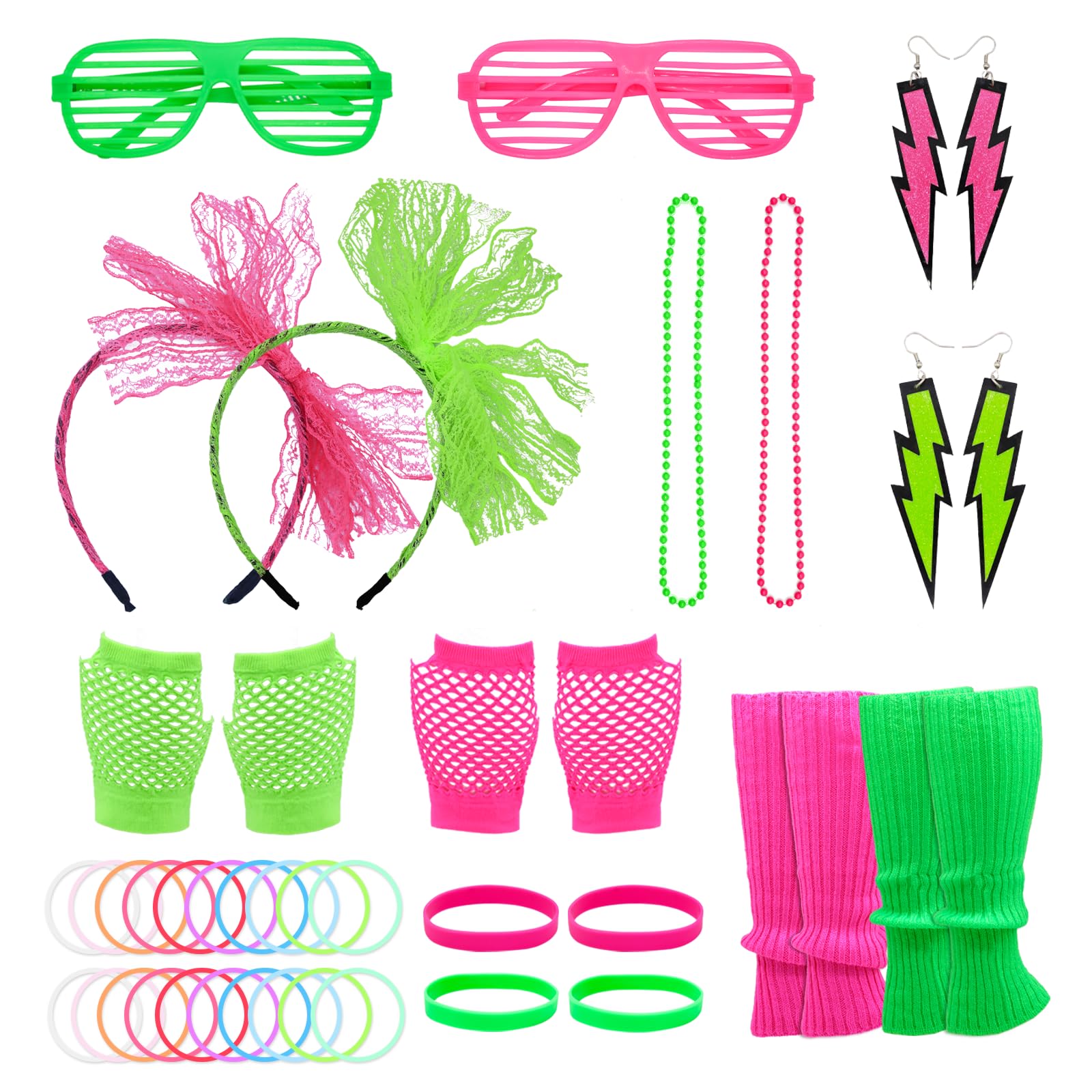 80s Fancy Dress Costume Accessories for Women - Neon Pink & Green 80s Party Outfit Set with Lightning Earrings, Fishnet Gloves, Headband, Leg Warmers, and Necklace for Retro Party