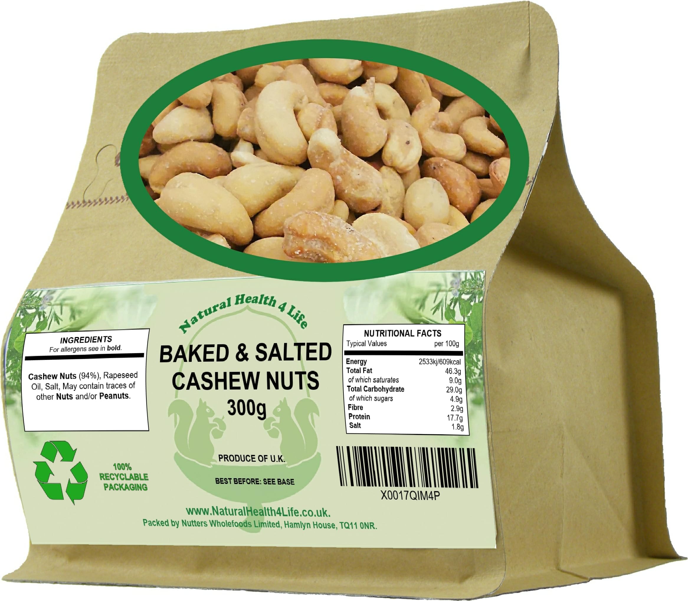 Baked and Salted Cashew Nuts 300g, Whole Cashew Snack, High Protein and Fibre, Low Sugar, Vegan and Gluten Free Nuts Snacks in Kraft Pouch for Snacking and Cooking