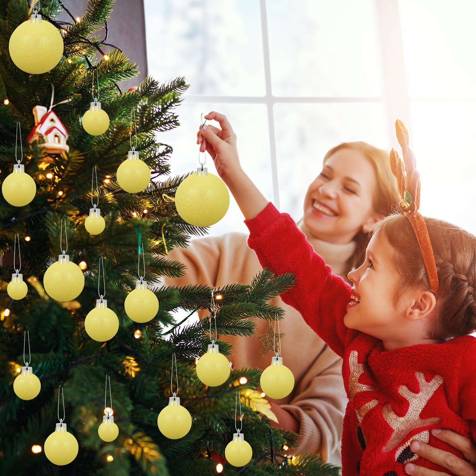 100 adornos de bolas de Navidad amarillas con purpurina de 5 tamaños, inastillables, árbol de Navidad con lazo para colgar y cuerda, bola decorativa de Navidad para decoración de guirnaldas colgantes