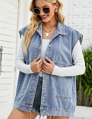 Miniatura 3 de Huaqiao Chaleco de mezclilla para mujer, chaqueta media larga, chaleco sin mangas con bolsillos