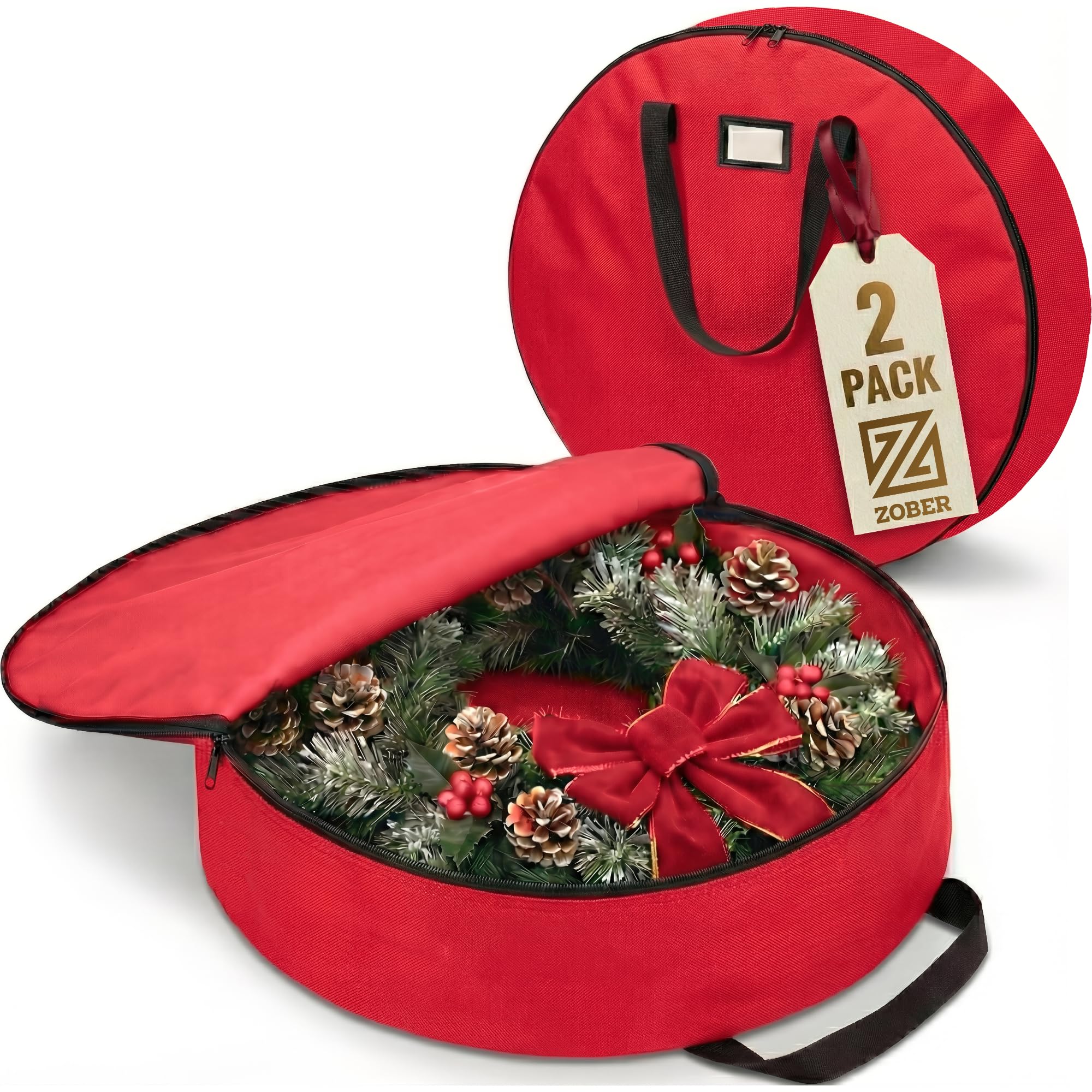 ZOBER 2 Pack Oxford Christmas Wreath Storage Container 24 Inch - Wreath Bag for Artificial Wreaths Box - Waterproof Fabric, Dual Zippered Wreaths