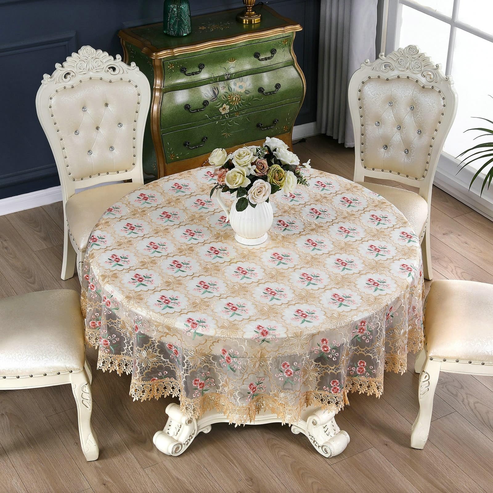 Tovaglia rotonda con fiori e foglie, in poliestere, 150 cm