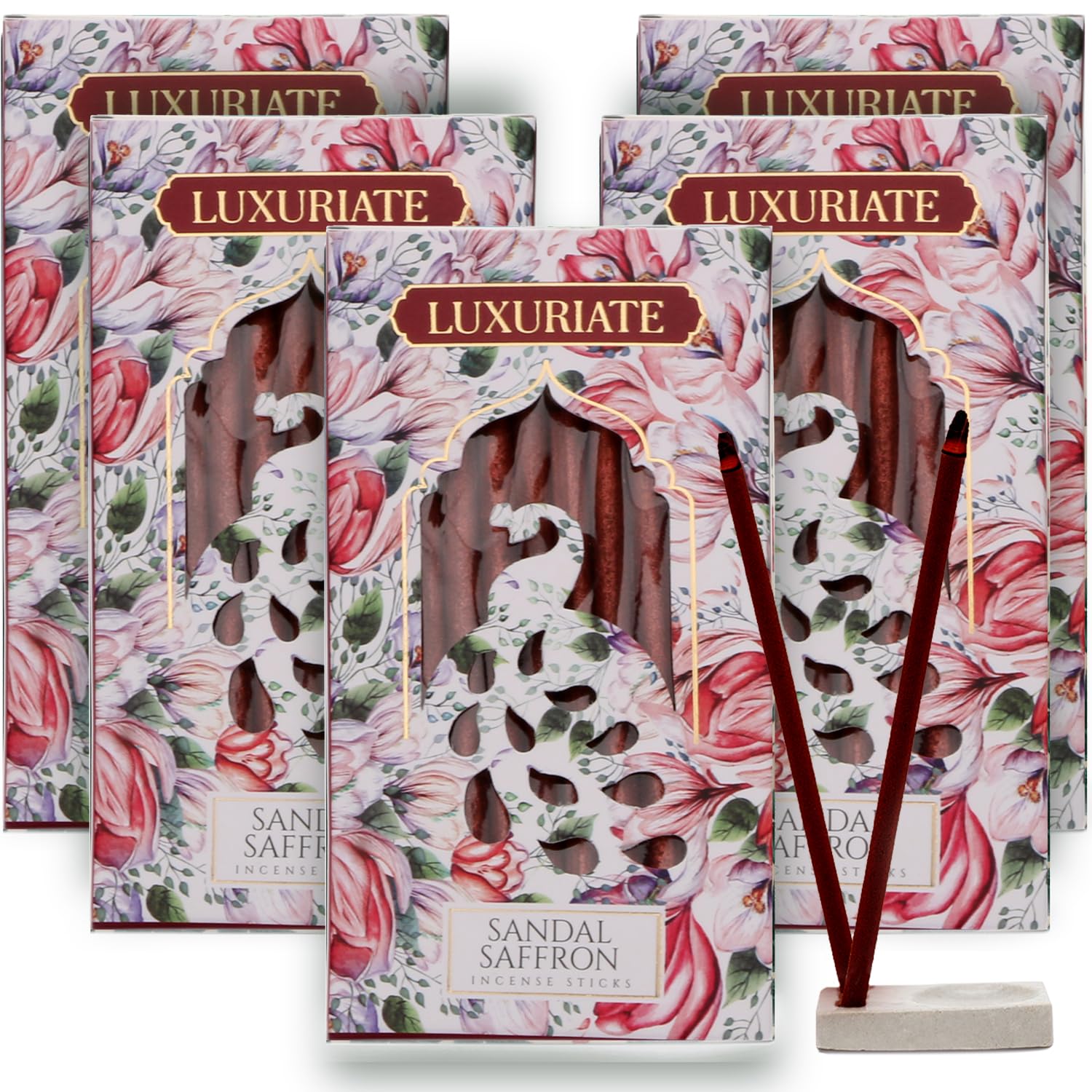 LUXURIATE Sandal and Saffron Bambooless Incense | Chandan Agarbatti | Natural Herbal Organic Incense Sticks for Puja | Long-Lasting Premium Luxury Agarbatti - Pack of 5