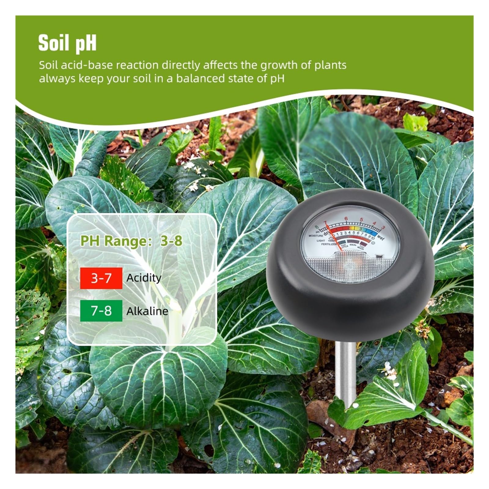 EDEDE Misuratore del Suolo, Misuratore di PH del Terreno 4 in 1 umidità Luce Solare PH Fertilità Acidità del Terreno Tester rilevatore for Piante in Vaso per Giardinaggio, Prato