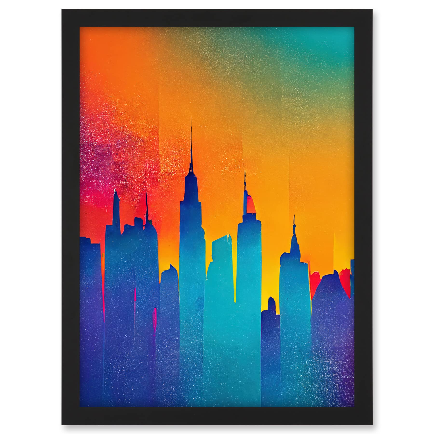 Wee Blue Coo Modern Abstract Warm Bright Colourful New York Sunset Skyline Artwork Framed A3 Wall Art Print