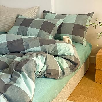 HighBuy Boho Plaid Bedding Duvet Cover Set Twin Size Teen Boy Buffalo Grid Duvet Cover Soft Washed Cotton Comforter Cover Set 3 Pieces Grey Green Checkered Plaid Duvet Cover Set Modern Simple