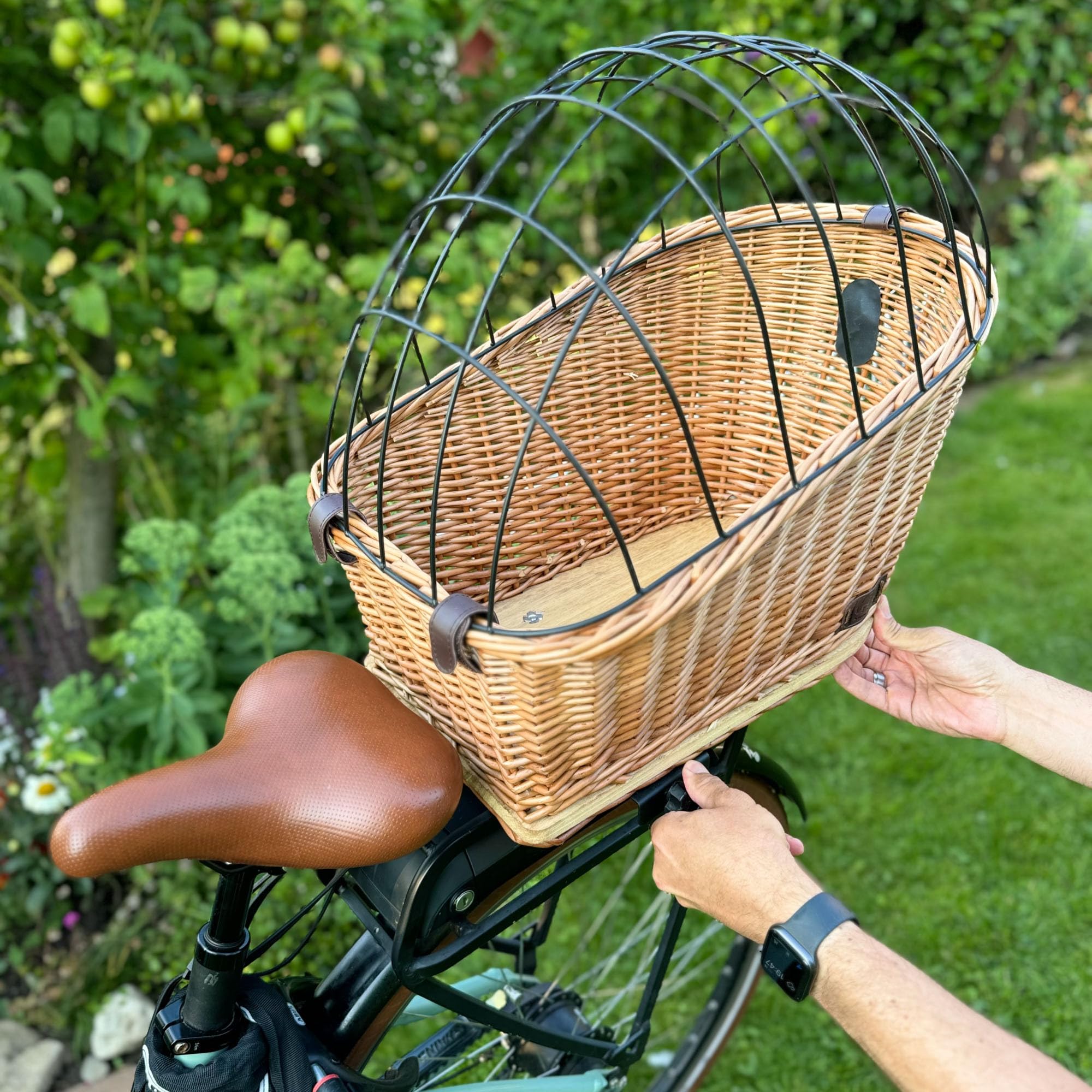 UNUS Cestino per bicicletta per cani in vimini, con copertura a griglia e cuscino, 47 x 29 x 34 cm