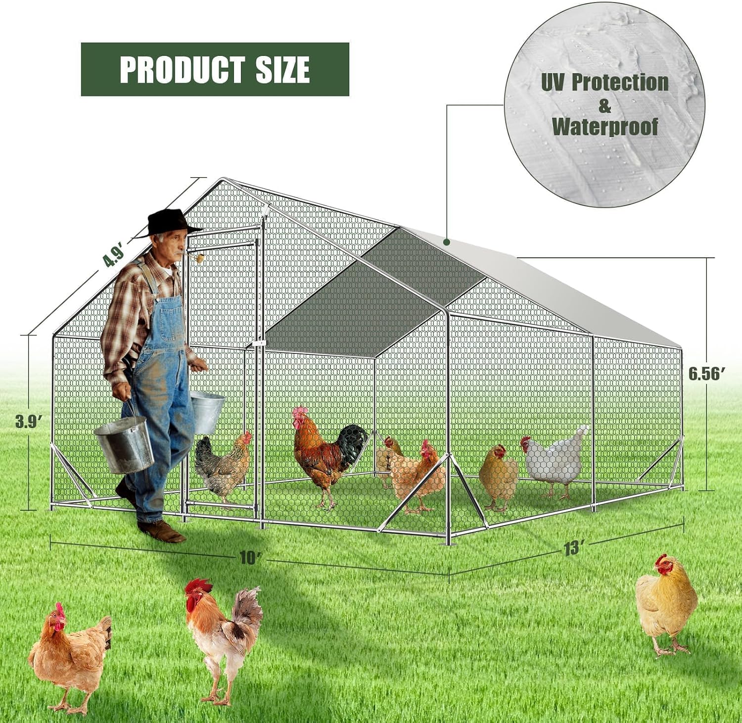 2026 Upgraded 10' x 13' x 6.6' Large Metal Chicken Coop with Run for 10 Chickens, Chicken Runs for Yard with Cover for Water-Resistant, Walk-in Chicken House/Pen/Cage Outdoor Duck Coop