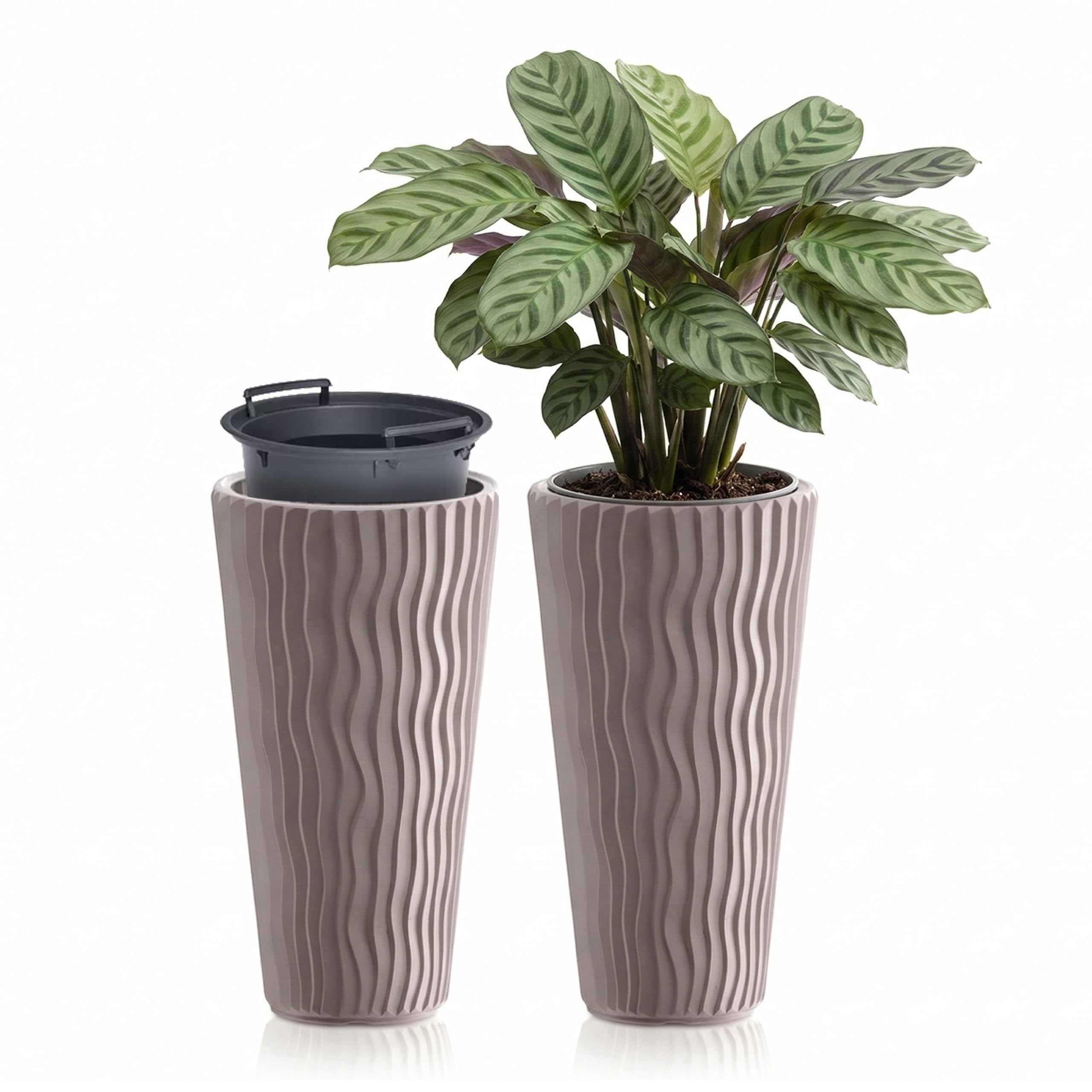 GEEZY Tall Slim Wavy Plant Pot with Insert, 53.1 x 29.7 cm - Weather Resistant Mocha Brown Indoor & Outdoor Planter - Modern Flower Pots for Home, Garden & Patio