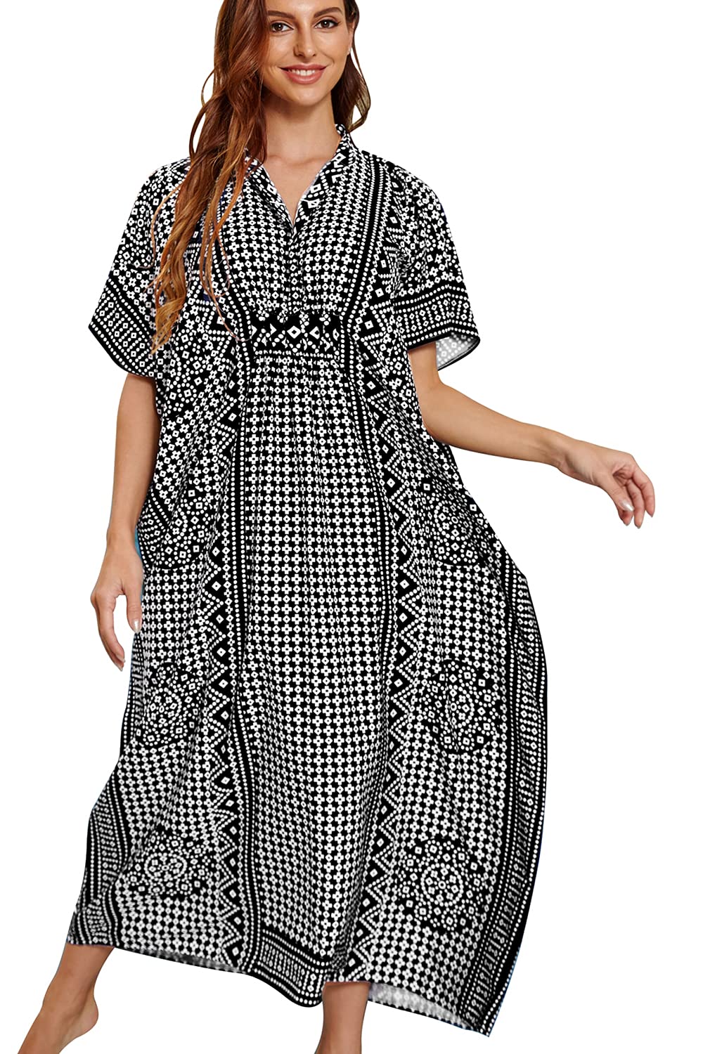 YouKD Women's Summer Long Kaftan Maxi Bohemian Dress Beach Coverups Bikini Robe Loungewear One Size