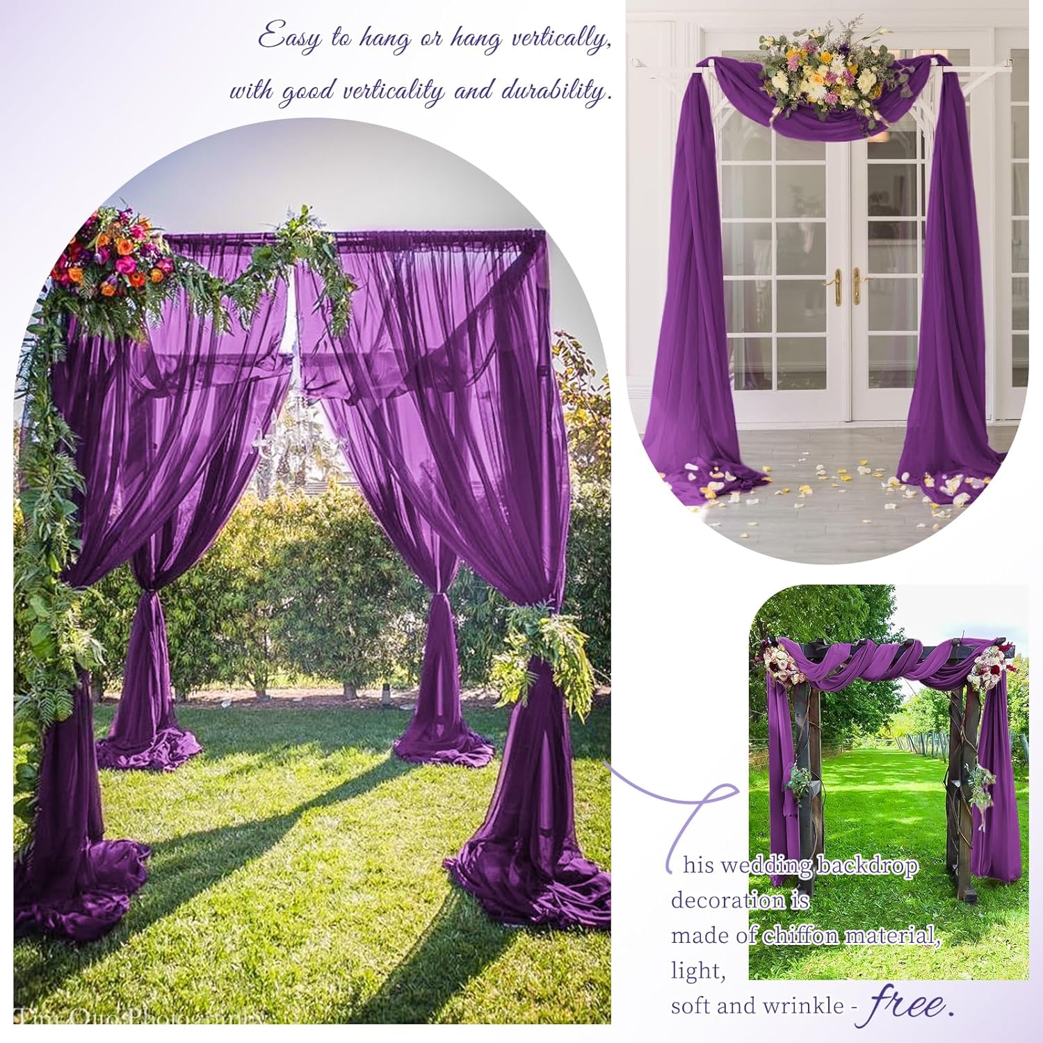 Wedding Arch Draping Fabric,4 Panels 28" x20ft Purple Wedding Arch Drapes for Ceremony Chiffon Fabric Drapes Arbor Drapery Decorations for Reception & Party