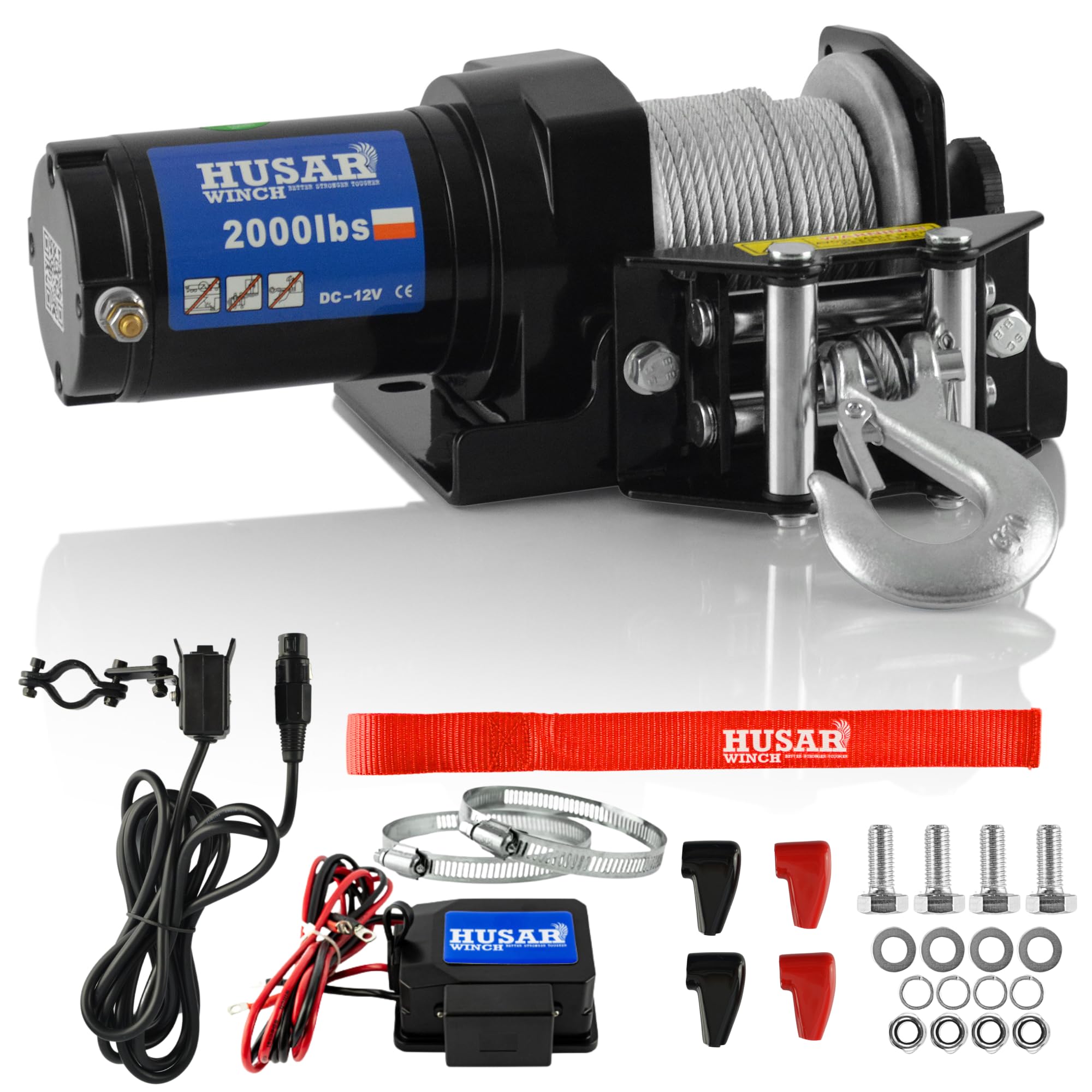 Treuil Électrique 12V, 2000 lbs 907 kg - Corde en Acier de 15 mètres de long, très solide,commande par câble, frein automatique, kit de montage - idéal pour les quads et les ATV/UTV