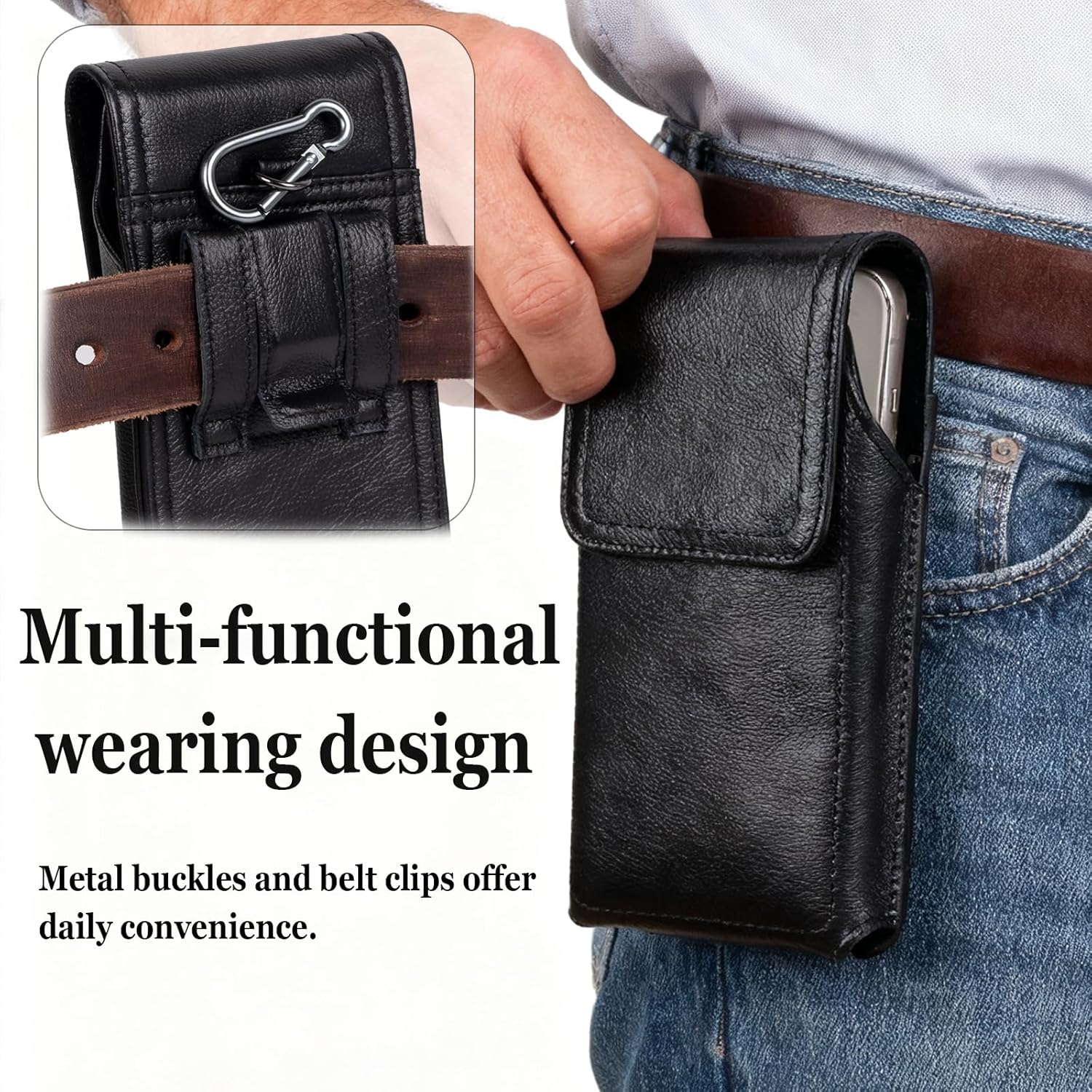 Leather Phone Holster - Genuine Full-Grain Buffalo Leather Cell Phone Holsters - for iPhone 16, 15, 14, 13pro, Galaxy S24, S23, S22-7.3" X 3.8" (Black, Large)