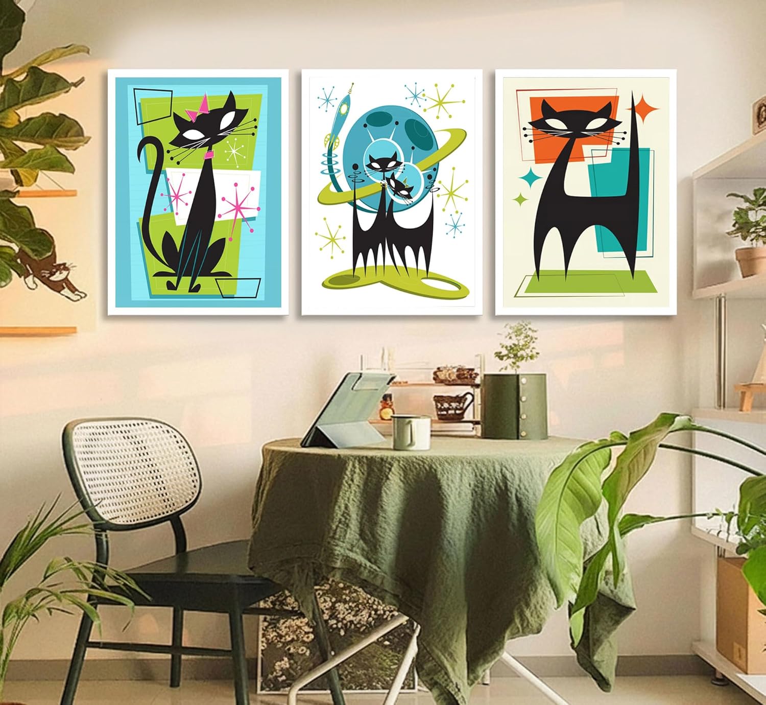 3pcs Futuristic Atomic Cats Canvas Wall Art Whimsical Funny Abstract Cat Posters Prints Modern Medieval Geometry Wall Decor Pictures for Living Room Bedroom Home Decoration Unframed