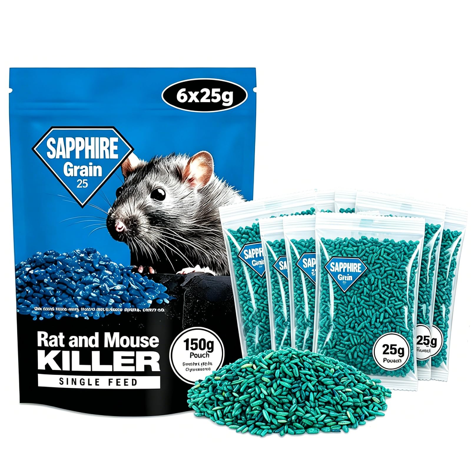 Rat Poison Super Strength (6 x 25g) - Rat Bait & Mouse Poison, Single Feed Sachets, Fast Acting Brodifacoum Whole Wheat Grain, Rat Killer for Indoor Household Rodent Control