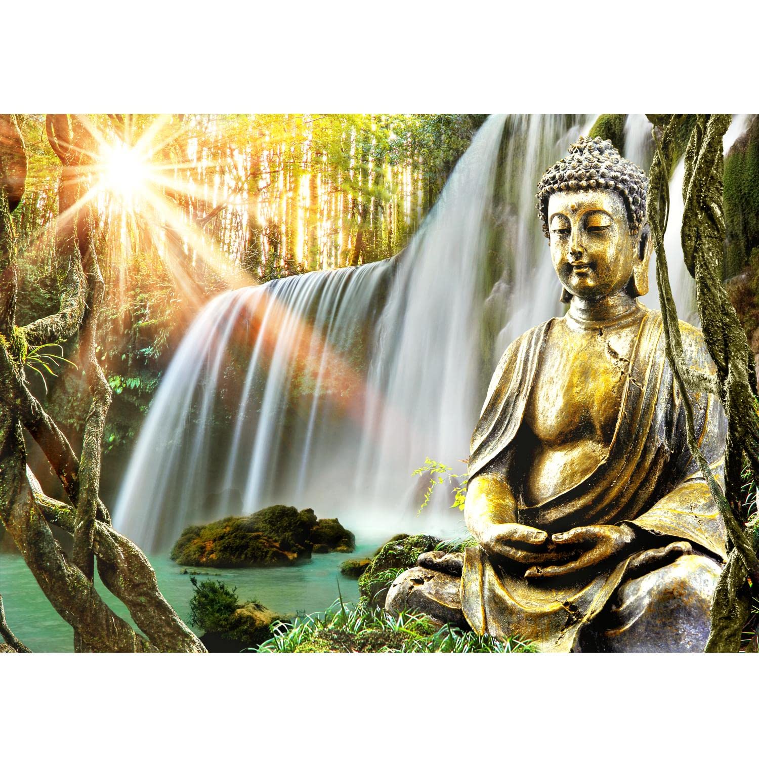 Runa Art Phototapet Buddha waterfall 352 x 250 cm Fleece Tapet XXL Modern Vardagsrum Sovrum green Yellow 9290011a