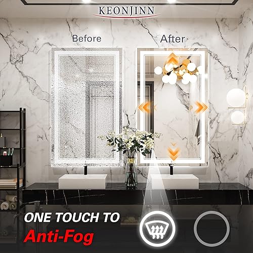 Miniatura 7 de Keonjinn - Espejo de baño LED de 40 x 24 pulgadas, espejo de tocador, montaje en pared, antiniebla, luces regulables, espejo de maquillaje